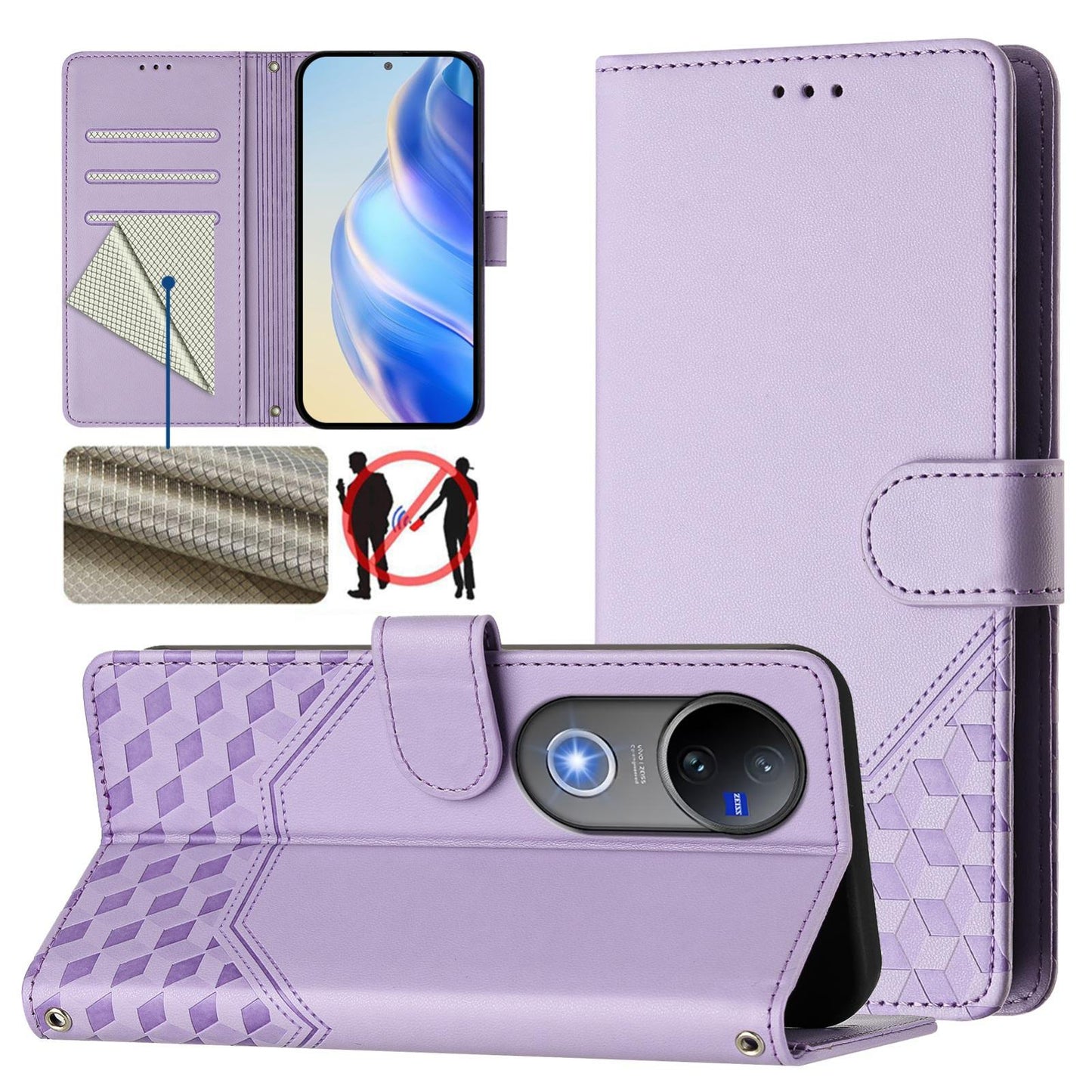 For vivo V50 5G Global Honeycomb Embossing RFID Leather Phone Case(Light Purple)