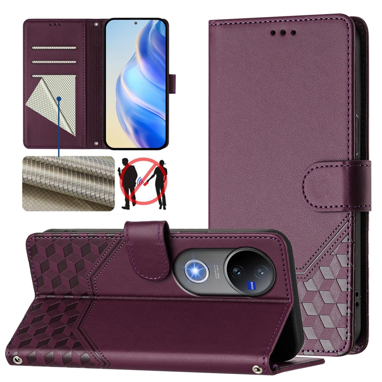 For vivo V50 5G Global Honeycomb Embossing RFID Leather Phone Case(Violet)
