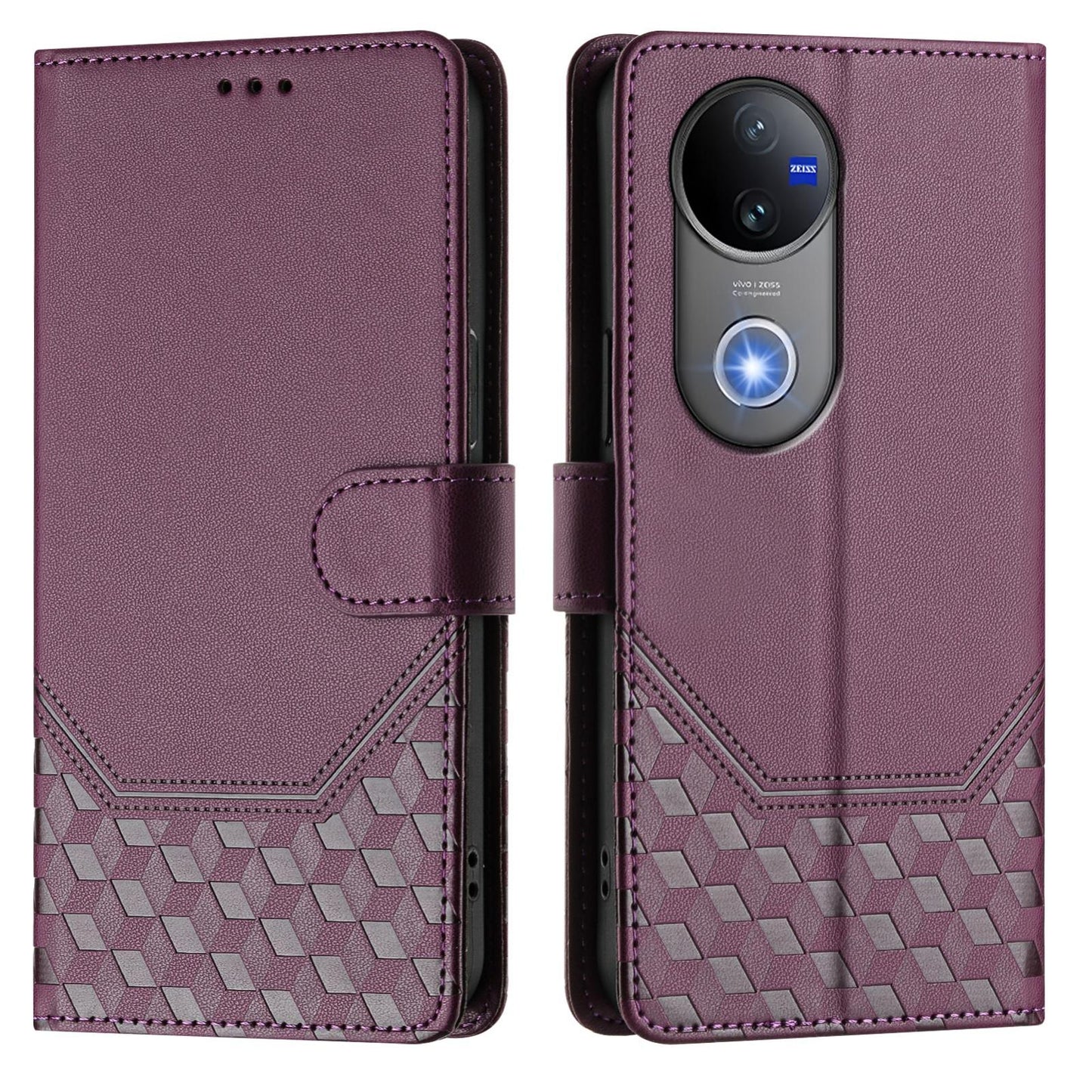 For vivo V50 5G Global Honeycomb Embossing RFID Leather Phone Case(Violet)