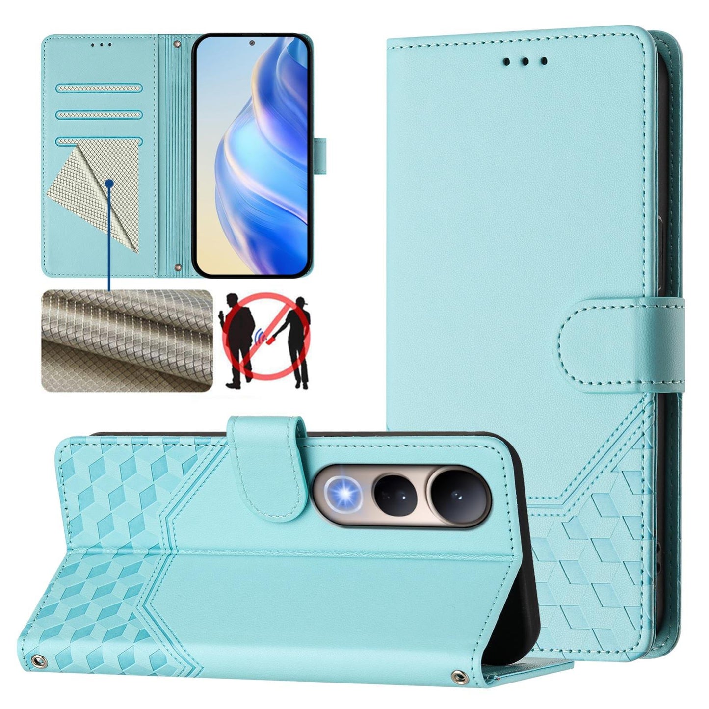 For vivo V50 Lite 5G Honeycomb Embossing RFID Leather Phone Case(Mint Green)