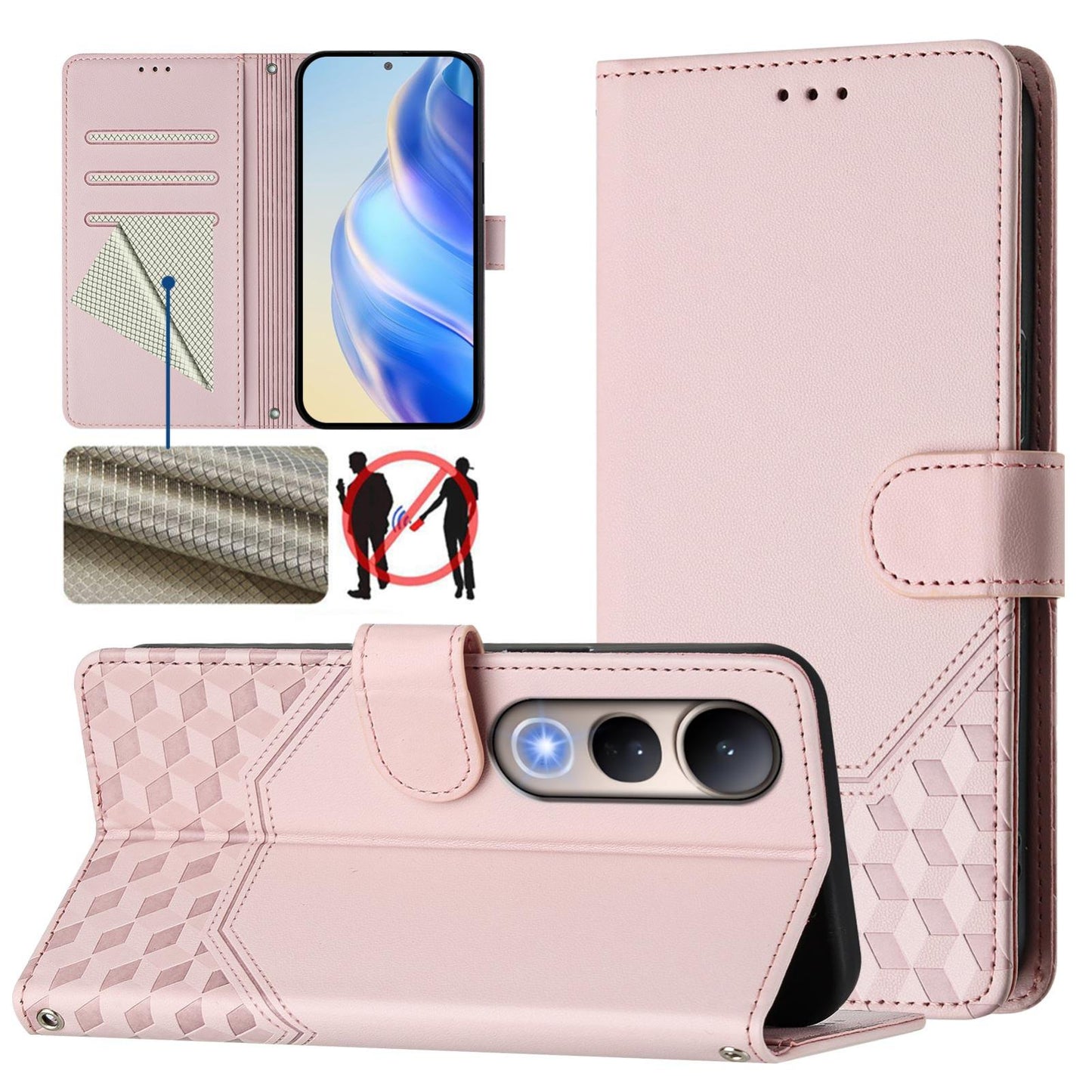 For vivo V50 Lite 5G Honeycomb Embossing RFID Leather Phone Case(Pink)