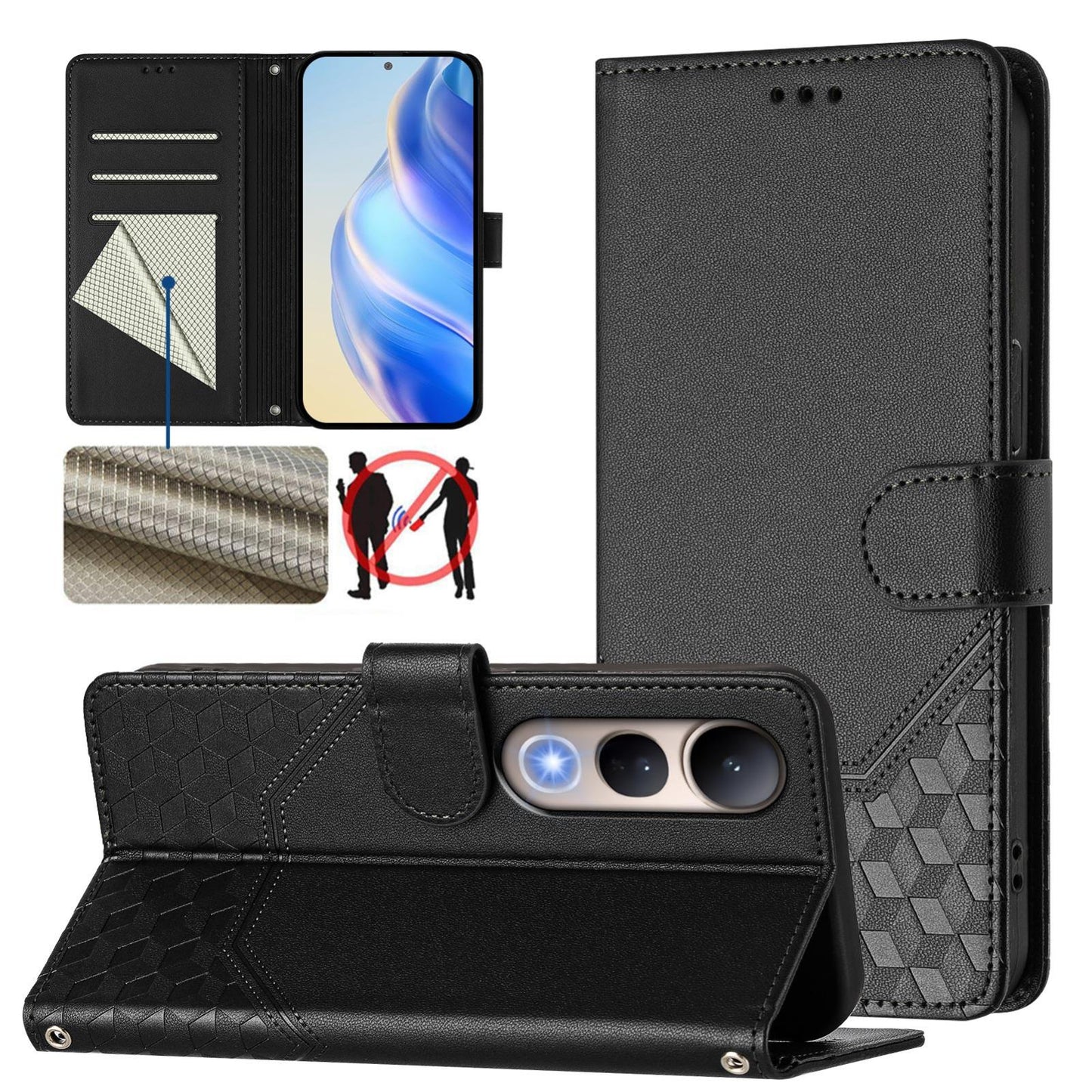For vivo V50 Lite 5G Honeycomb Embossing RFID Leather Phone Case(Black)
