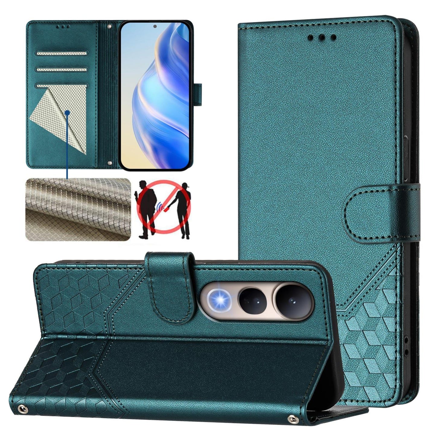 For vivo V50 Lite 5G Honeycomb Embossing RFID Leather Phone Case(Peacock Green)