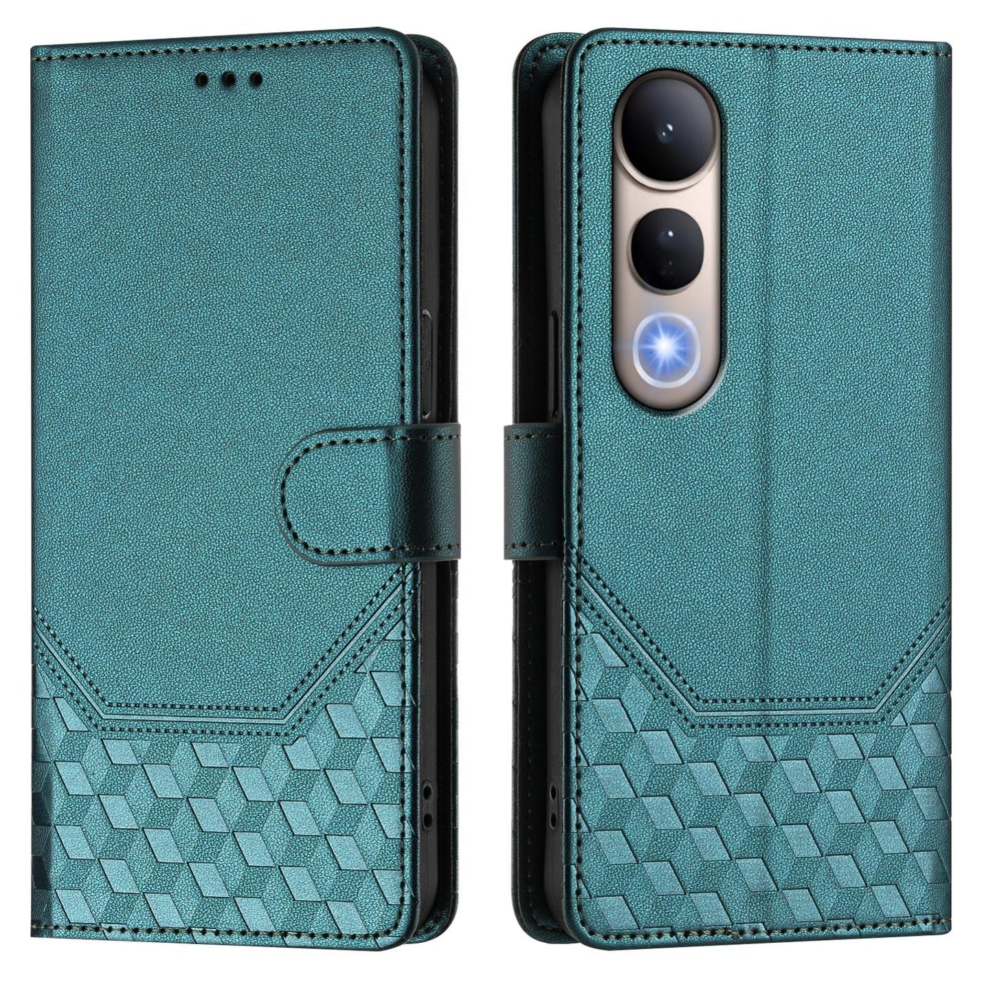 For vivo V50 Lite 5G Honeycomb Embossing RFID Leather Phone Case(Peacock Green)