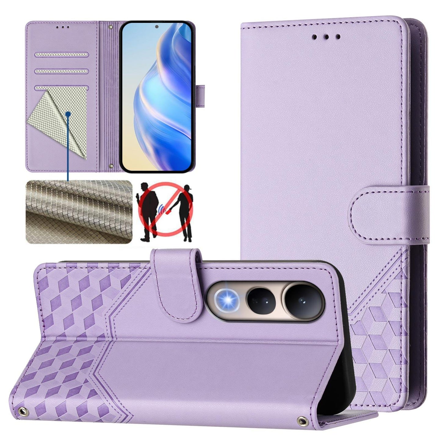 For vivo V50 Lite 5G Honeycomb Embossing RFID Leather Phone Case(Light Purple)