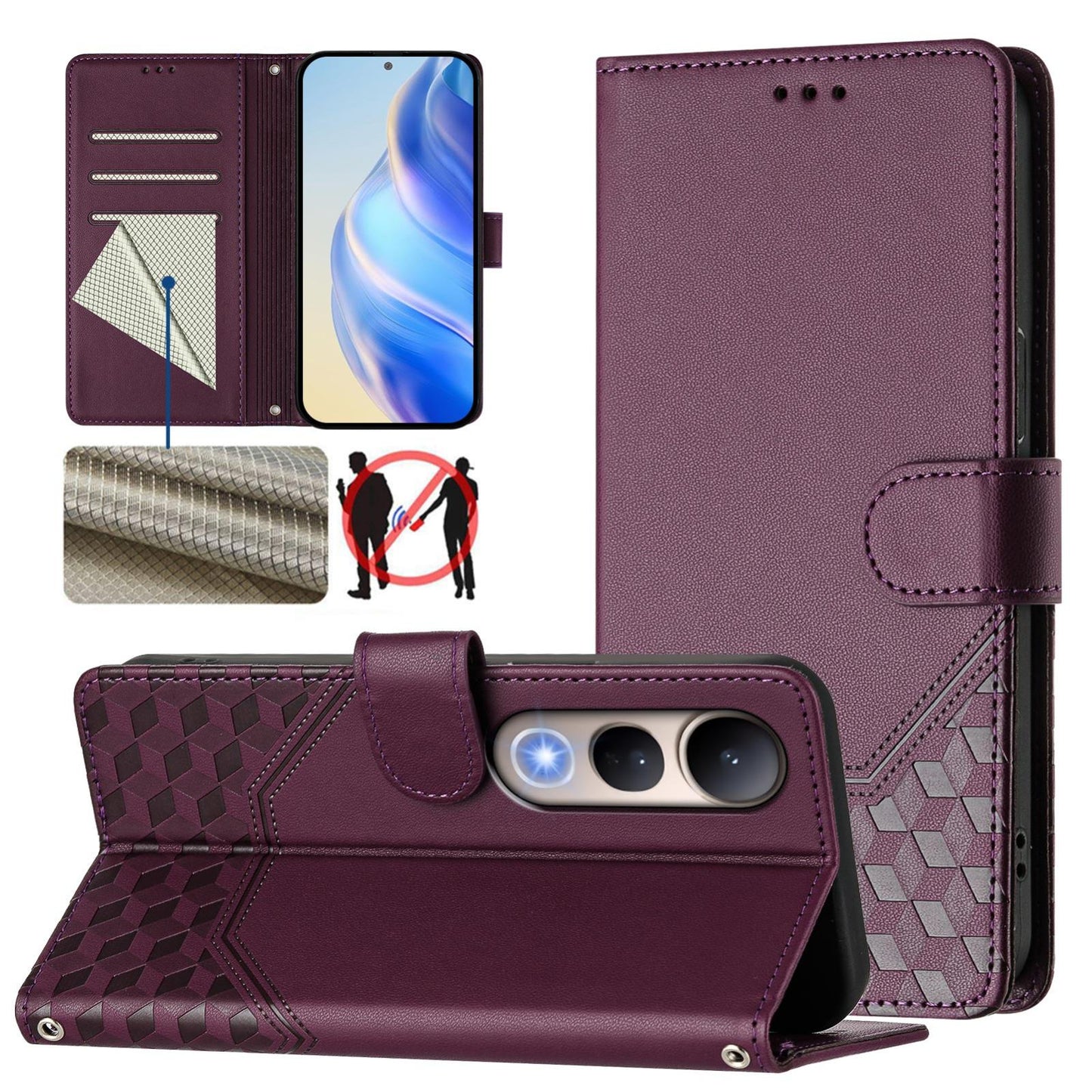 For vivo V50 Lite 5G Honeycomb Embossing RFID Leather Phone Case(Violet)