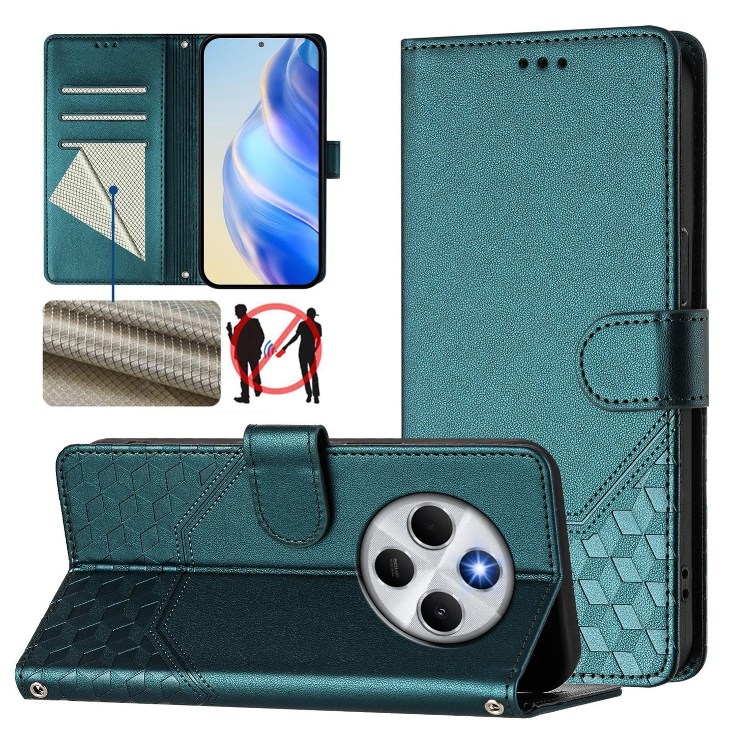 For Redmi 14C 4G Honeycomb Embossing RFID Leather Phone Case(Peacock Green)