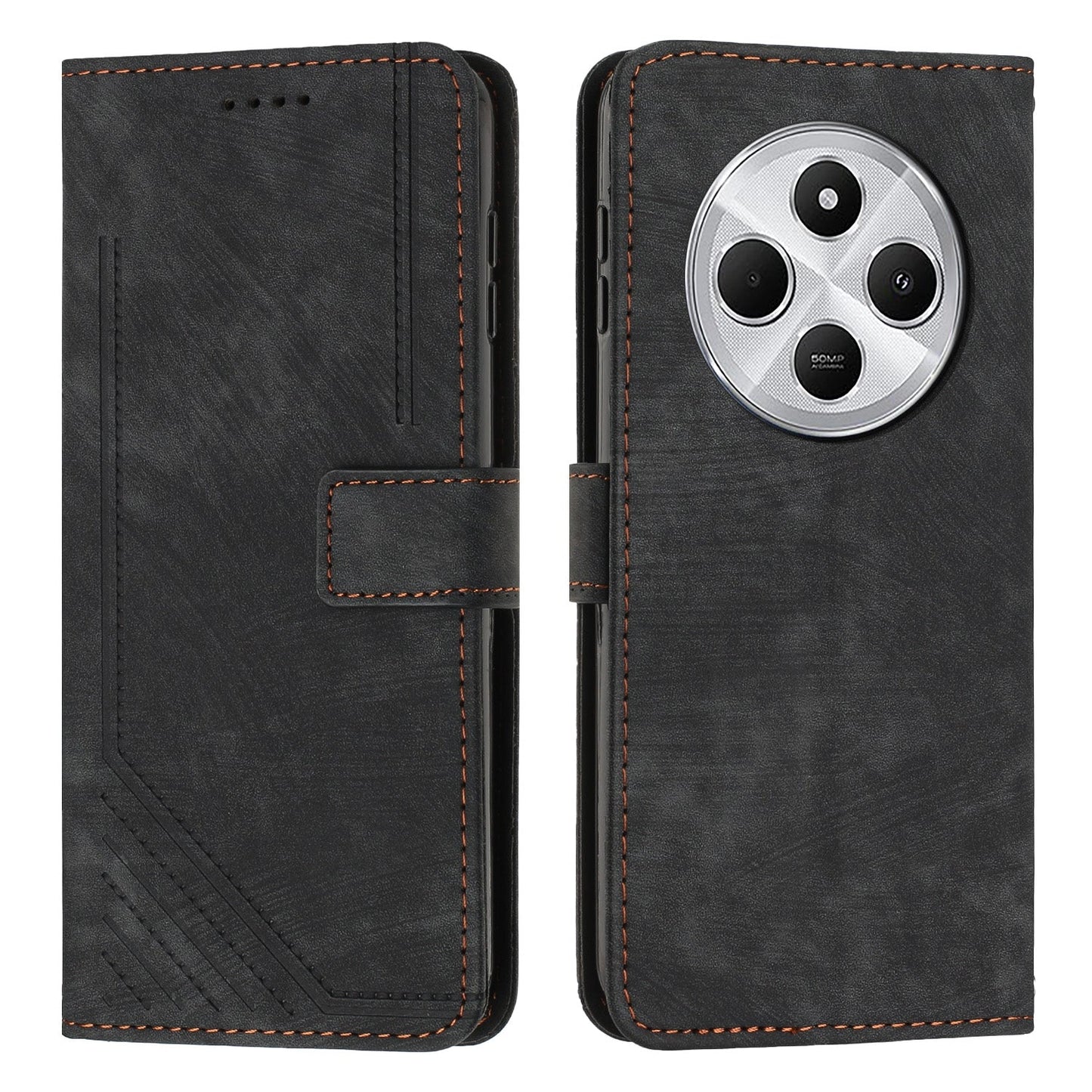 For Redmi 14C 4G Skin Feel Stripe Pattern Leather Phone Case(Black)