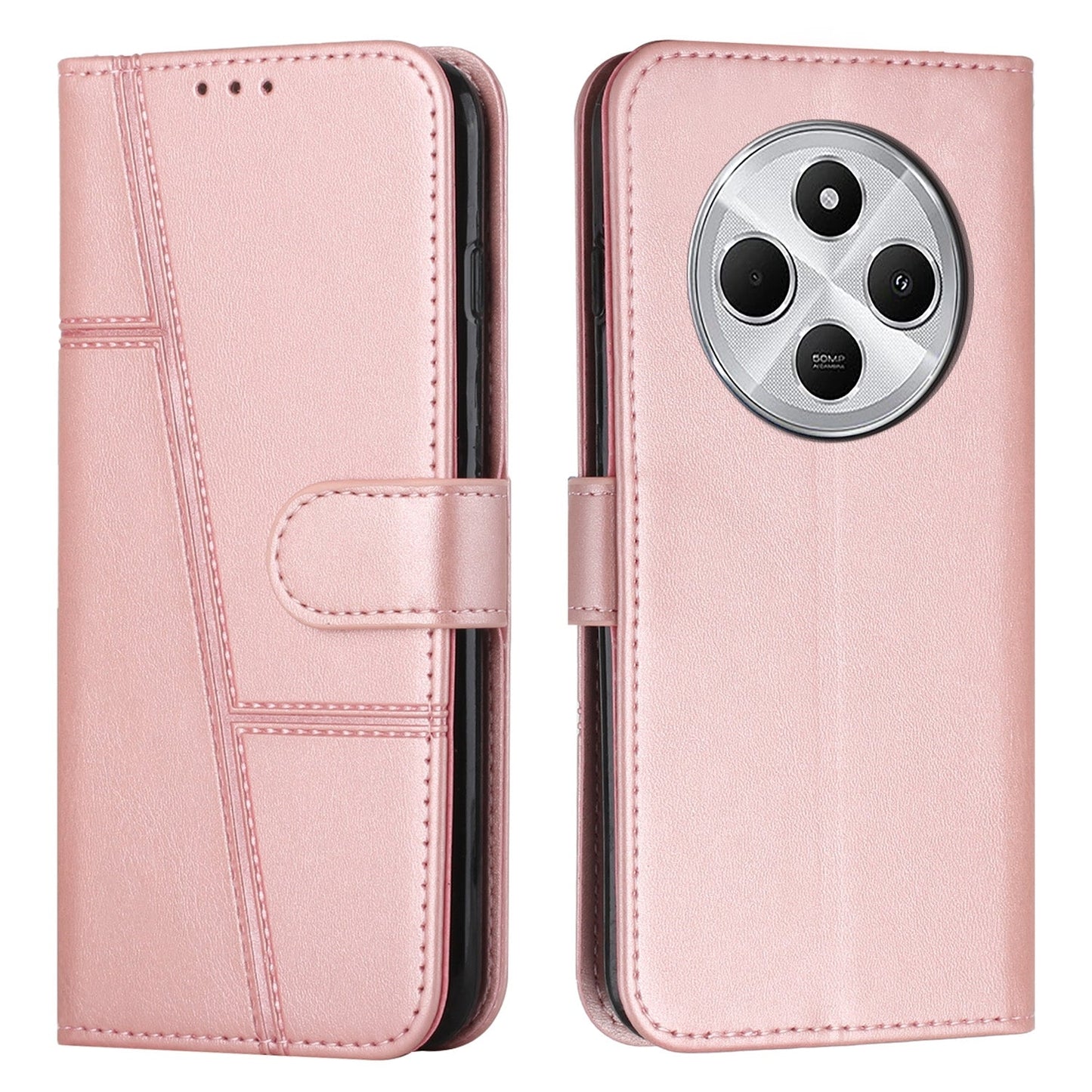 For Redmi 14C 4G Stitching Calf Texture Buckle Leather Phone Case(Rose Gold)