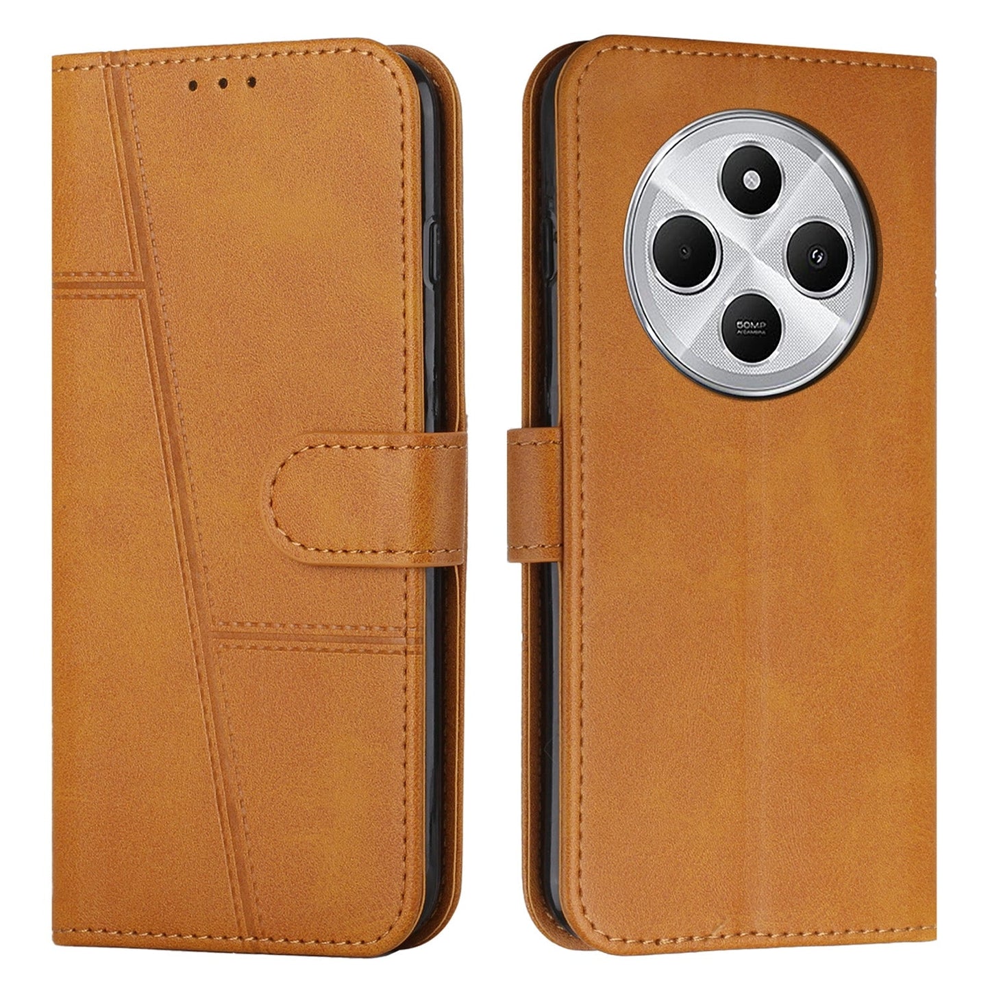 For Redmi 14C 4G Stitching Calf Texture Buckle Leather Phone Case(Yellow)