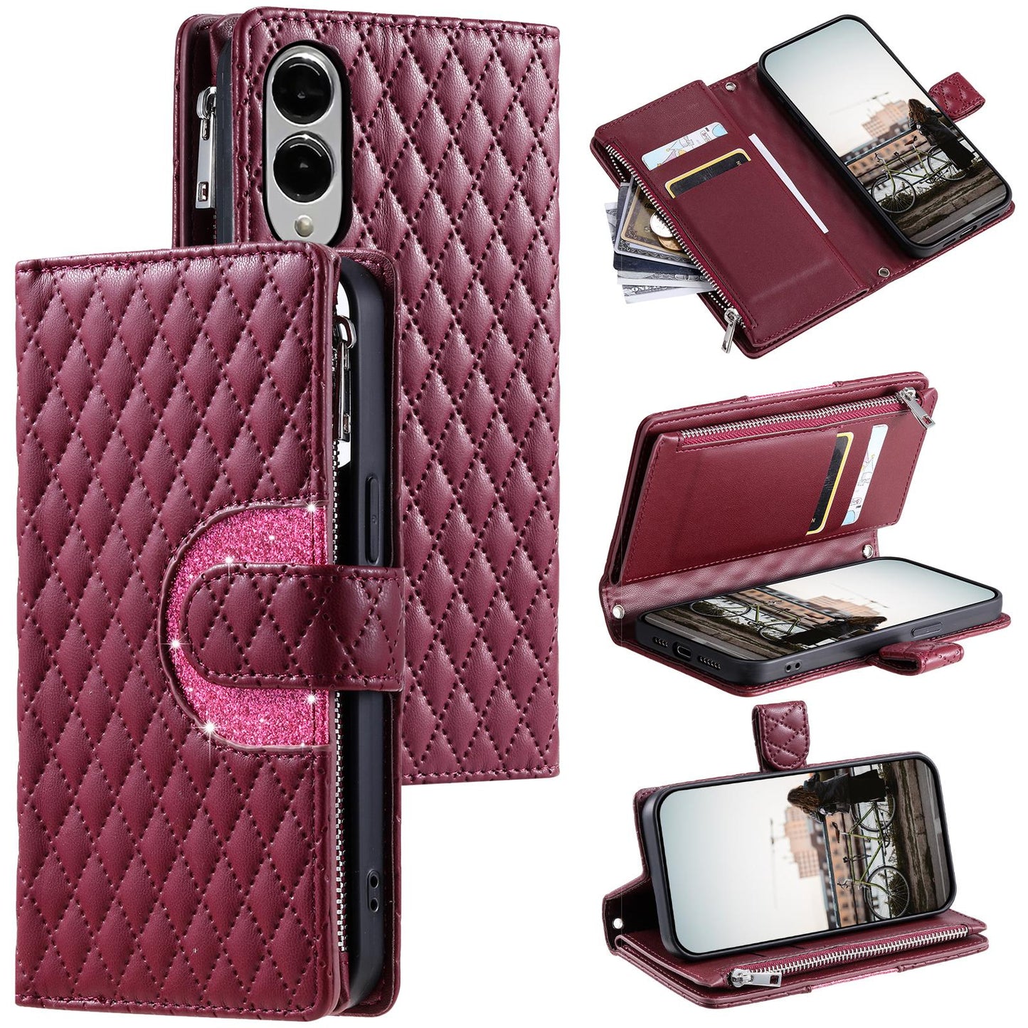 For Samsung Galaxy S25 Edge 5G Glitter Lattice Zipper Wallet Leather Phone Case(Wine Red)