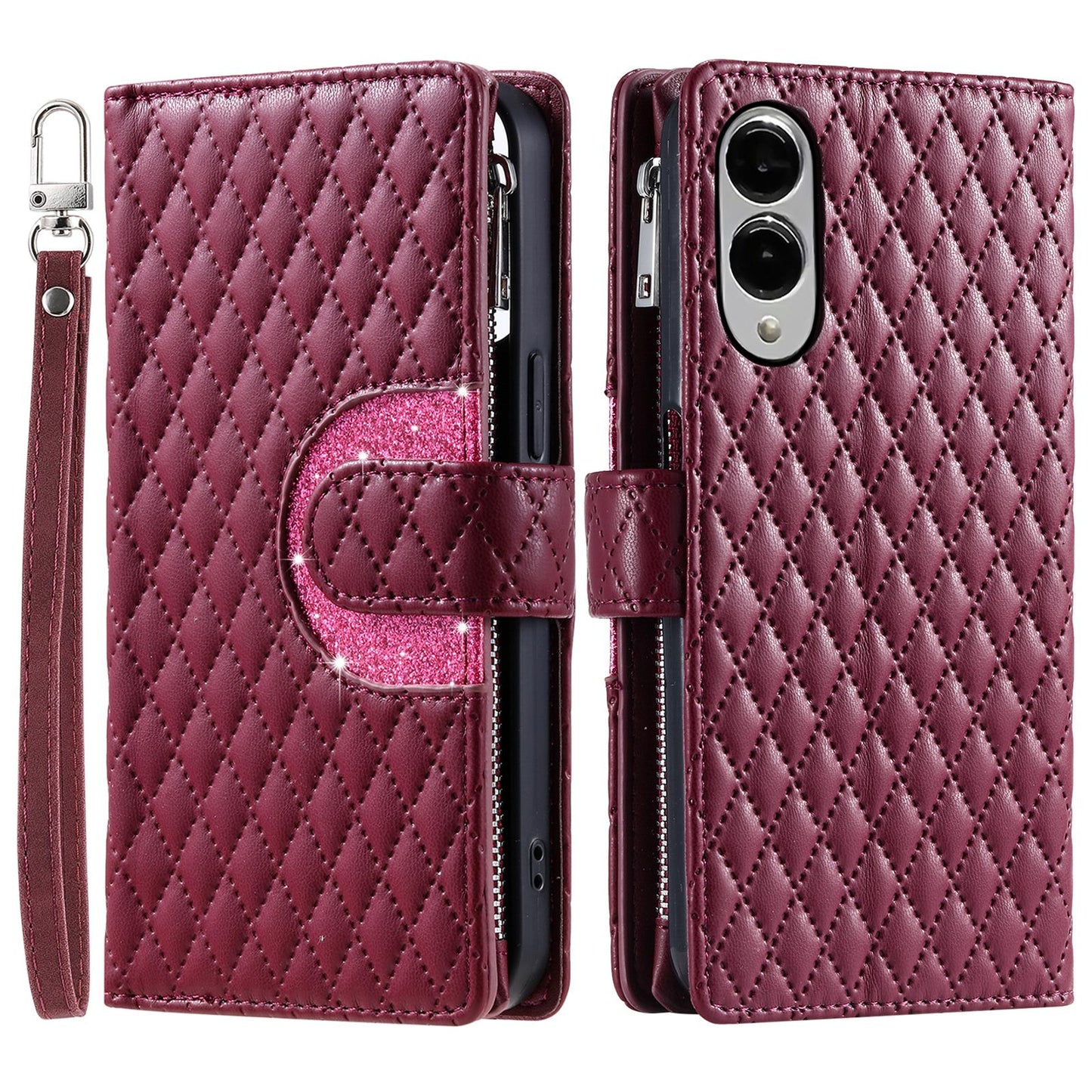 For Samsung Galaxy S25 Edge 5G Glitter Lattice Zipper Wallet Leather Phone Case(Wine Red)