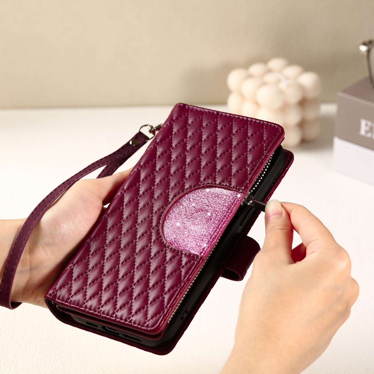 For Samsung Galaxy S25 Edge 5G Glitter Lattice Zipper Wallet Leather Phone Case(Wine Red)