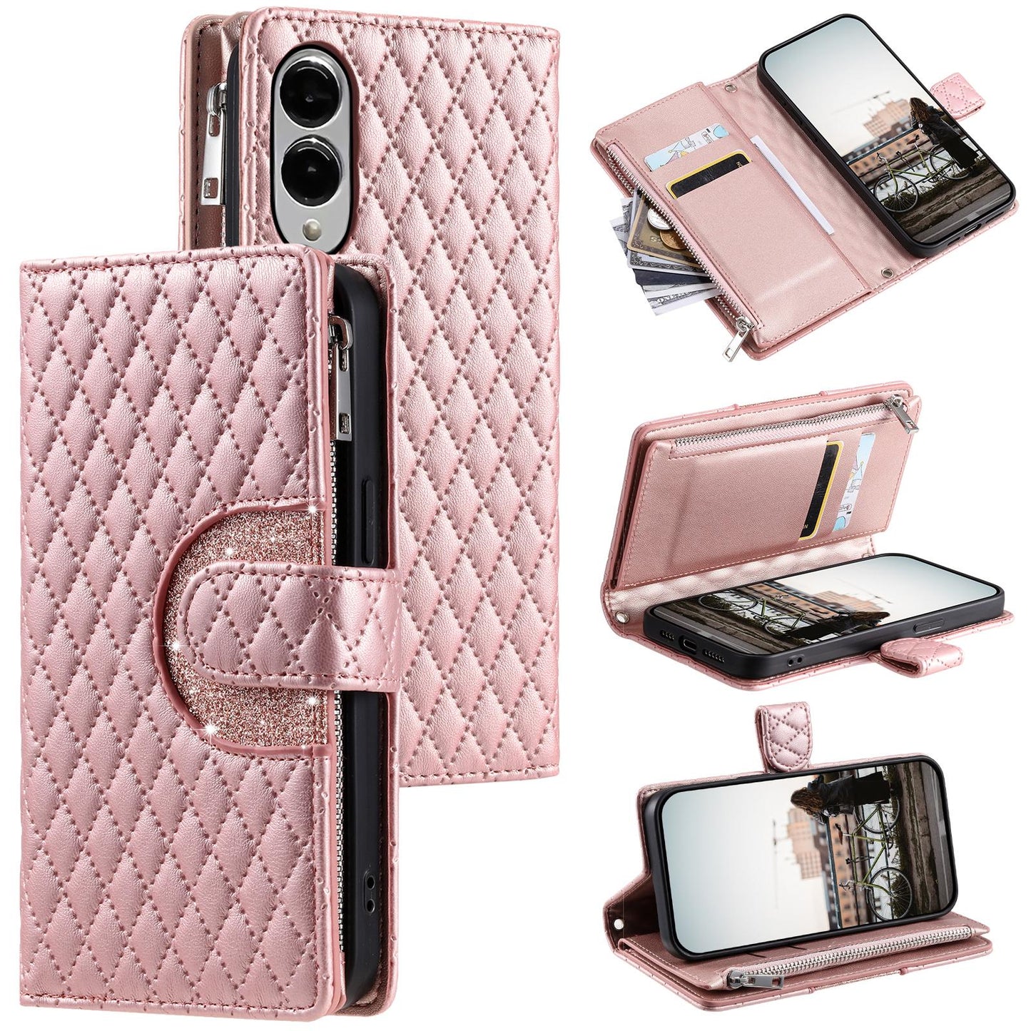 For Samsung Galaxy S25 Edge 5G Glitter Lattice Zipper Wallet Leather Phone Case(Rose Gold)