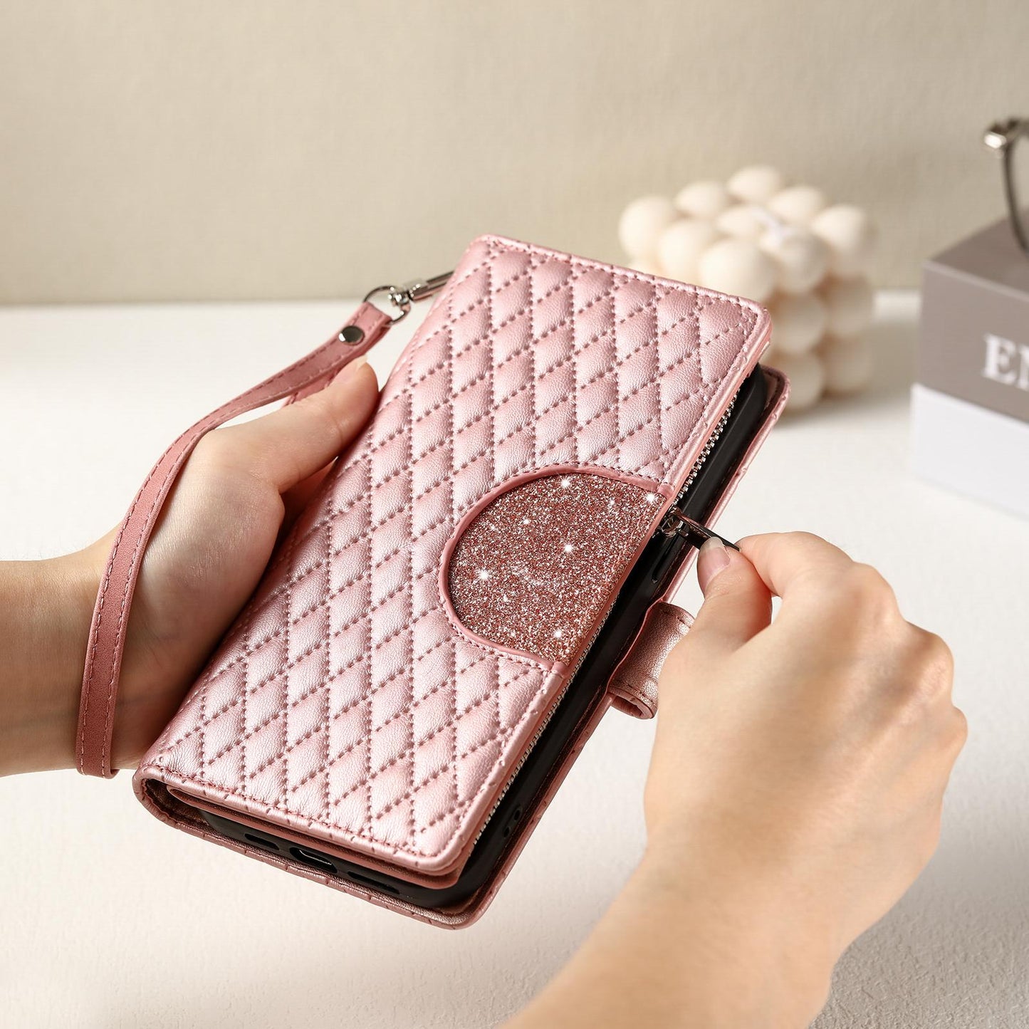 For Samsung Galaxy S25 Edge 5G Glitter Lattice Zipper Wallet Leather Phone Case(Rose Gold)