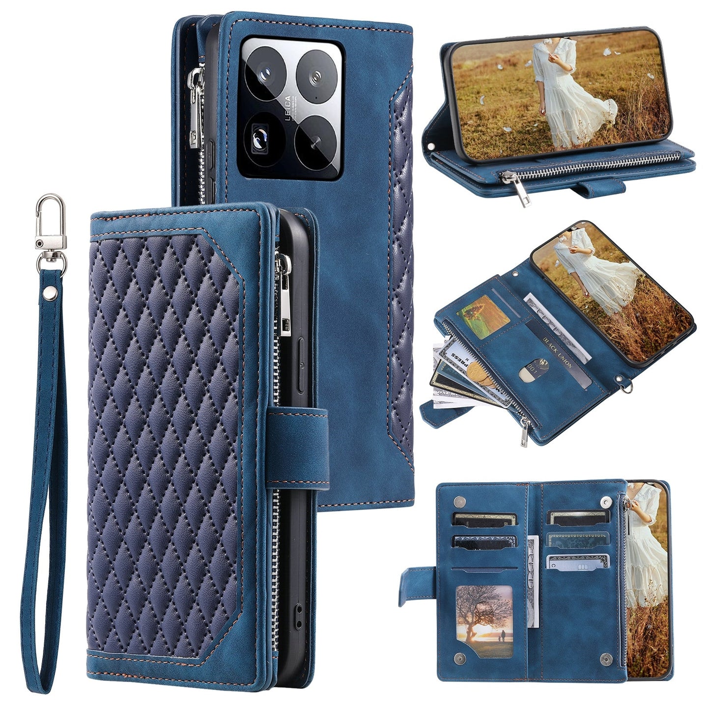 For Xiaomi 15 Pro Grid Texture Zipper Leather Phone Case with Lanyard(Blue)