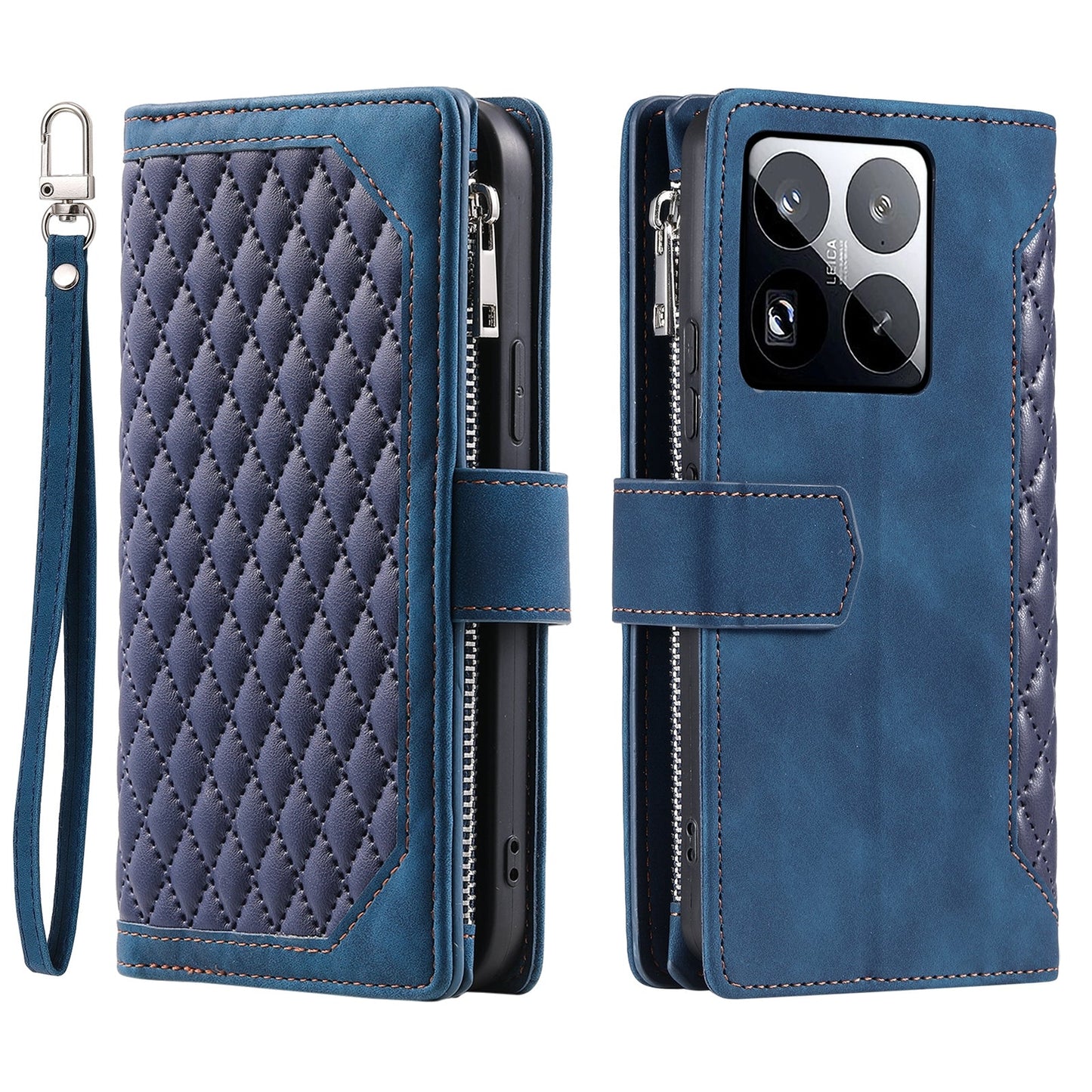 For Xiaomi 15 Pro Grid Texture Zipper Leather Phone Case with Lanyard(Blue)