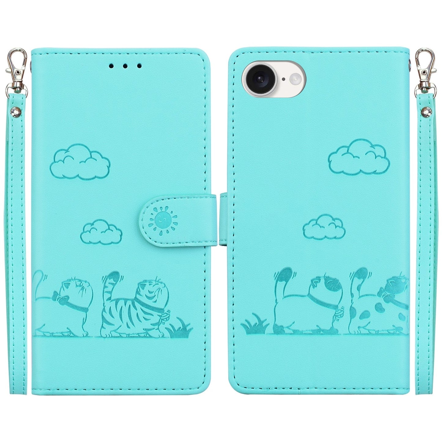 For iPhone 16e Cute Cats RFID Leather Phone Case(Green)