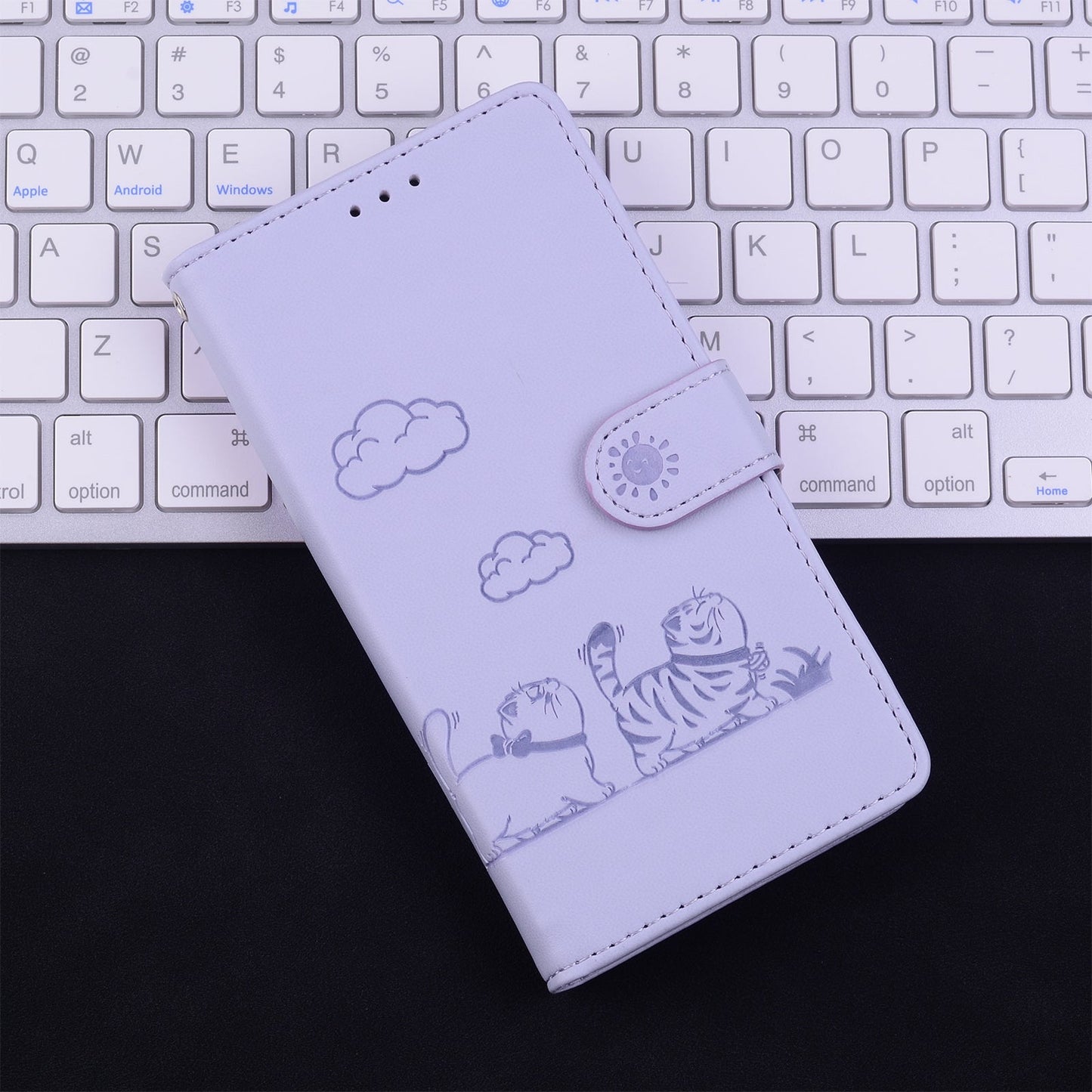 For iPhone 16e Cute Cats RFID Leather Phone Case(Purple)