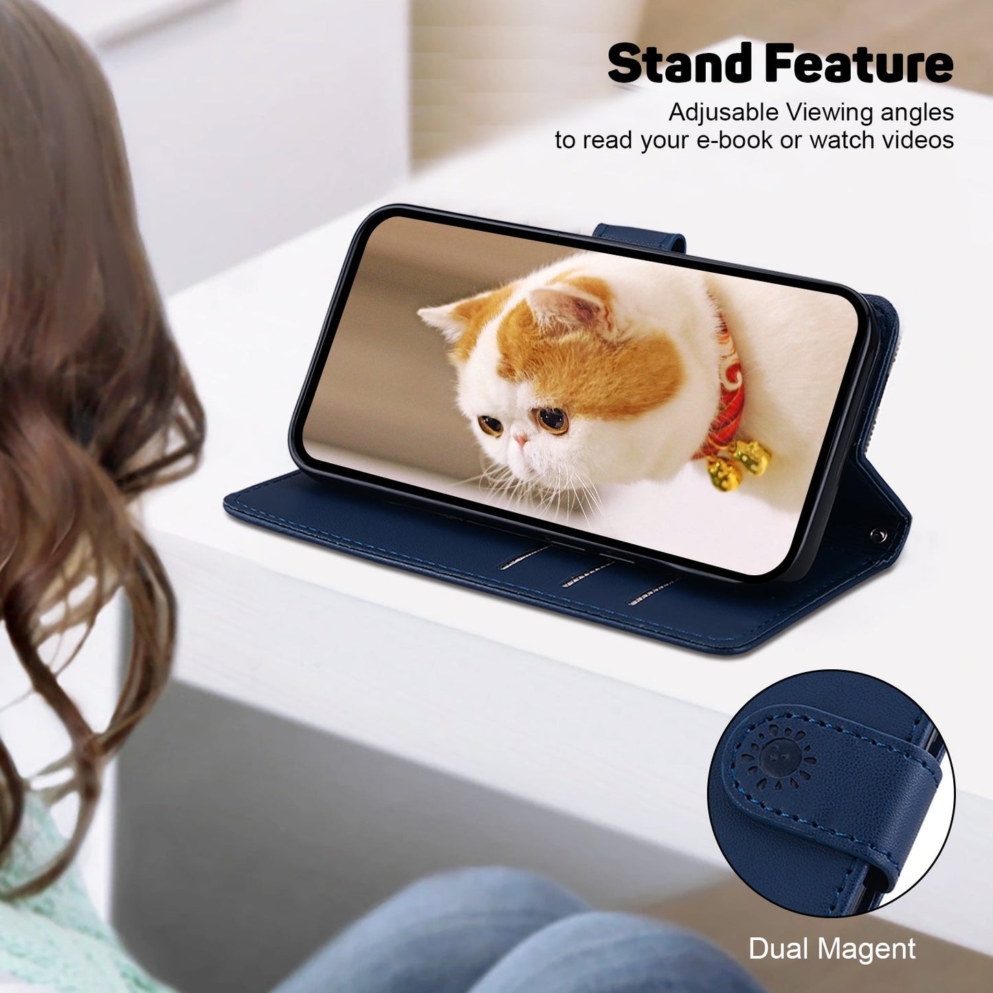 For iPhone 16e Cute Cats RFID Leather Phone Case(Blue)