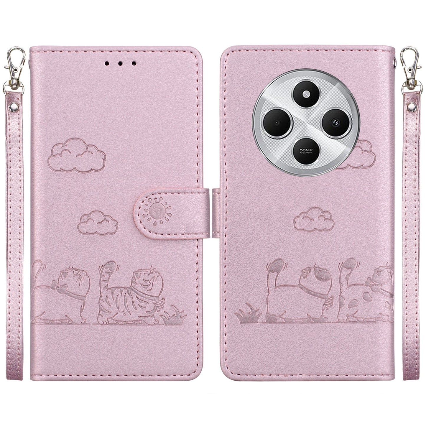 For Redmi 14C 4G Cute Cats RFID Leather Phone Case(Rose Gold)