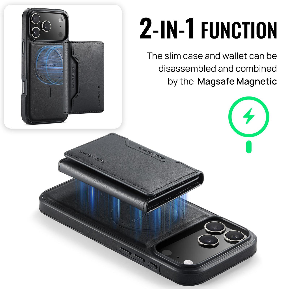 Compatible with iPhone 18 Pro Max & 17 Pro Max MAGKING K2 Series MagSafe RFID Card Bag Detachable Phone Case - Black