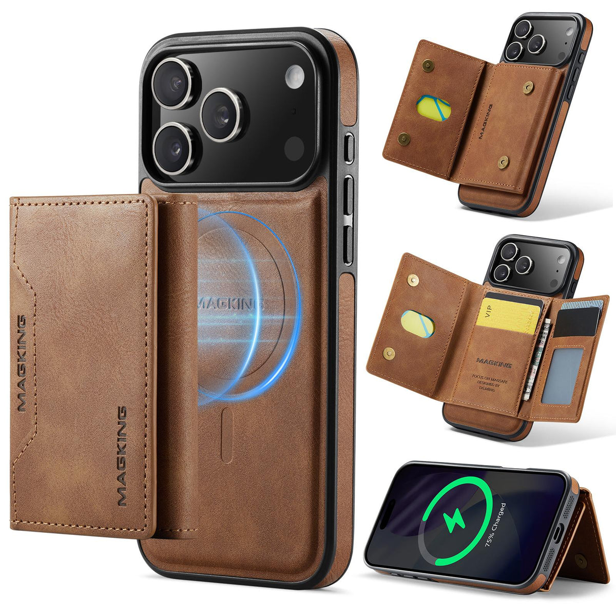 Compatible with iPhone 18 Pro Max & 17 Pro Max MAGKING K2 Series MagSafe RFID Card Bag Detachable Phone Case - Brown