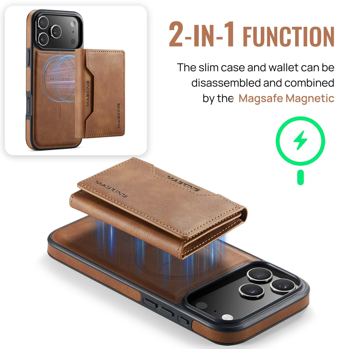Compatible with iPhone 18 Pro Max & 17 Pro Max MAGKING K2 Series MagSafe RFID Card Bag Detachable Phone Case - Brown