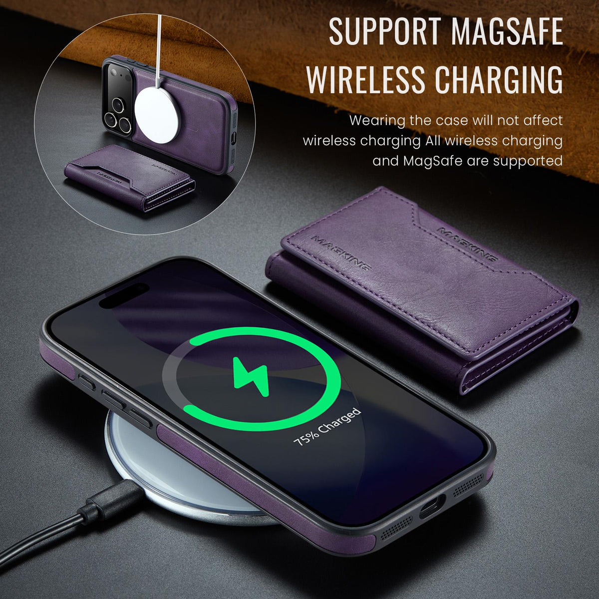 Compatible with iPhone 18 Pro Max & 17 Pro Max MAGKING K2 Series MagSafe RFID Card Bag Detachable Phone Case - Purple