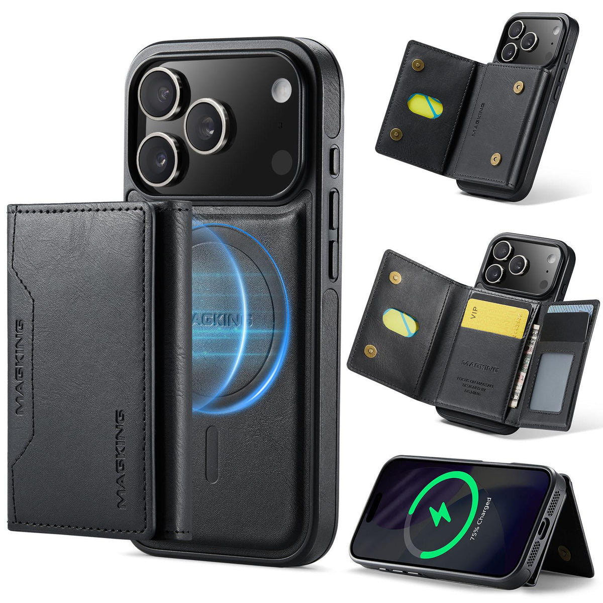 Compatible with iPhone 18 Pro & 17 Pro MAGKING K2 Series MagSafe RFID Card Bag Detachable Phone Case - Black