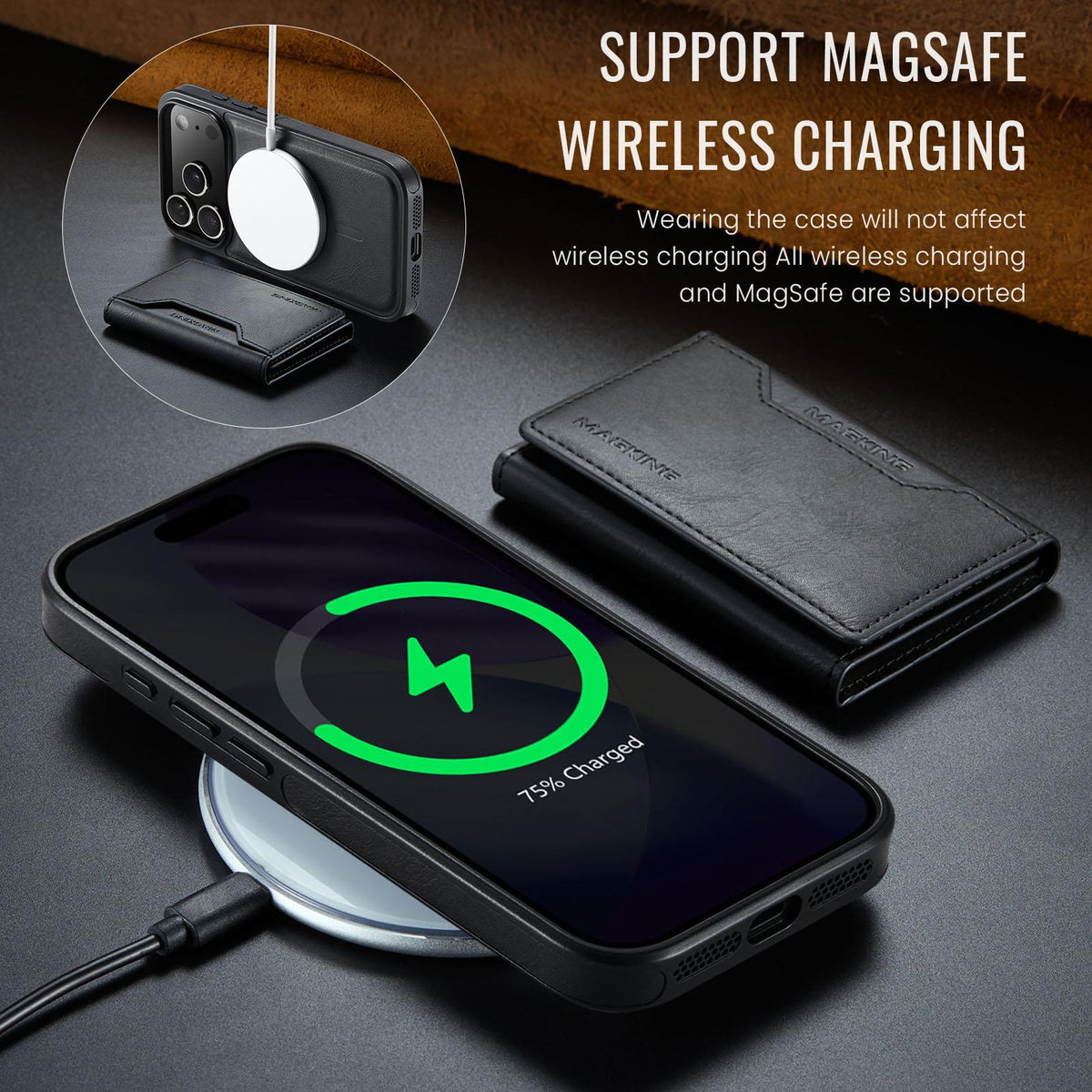 Compatible with iPhone 18 Pro & 17 Pro MAGKING K2 Series MagSafe RFID Card Bag Detachable Phone Case - Black