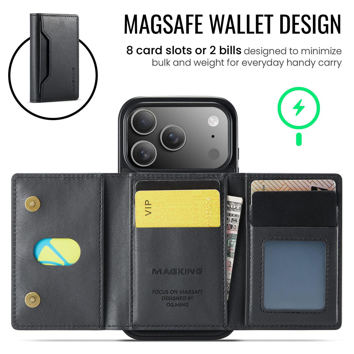 Compatible with iPhone 18 Pro & 17 Pro MAGKING K2 Series MagSafe RFID Card Bag Detachable Phone Case - Black