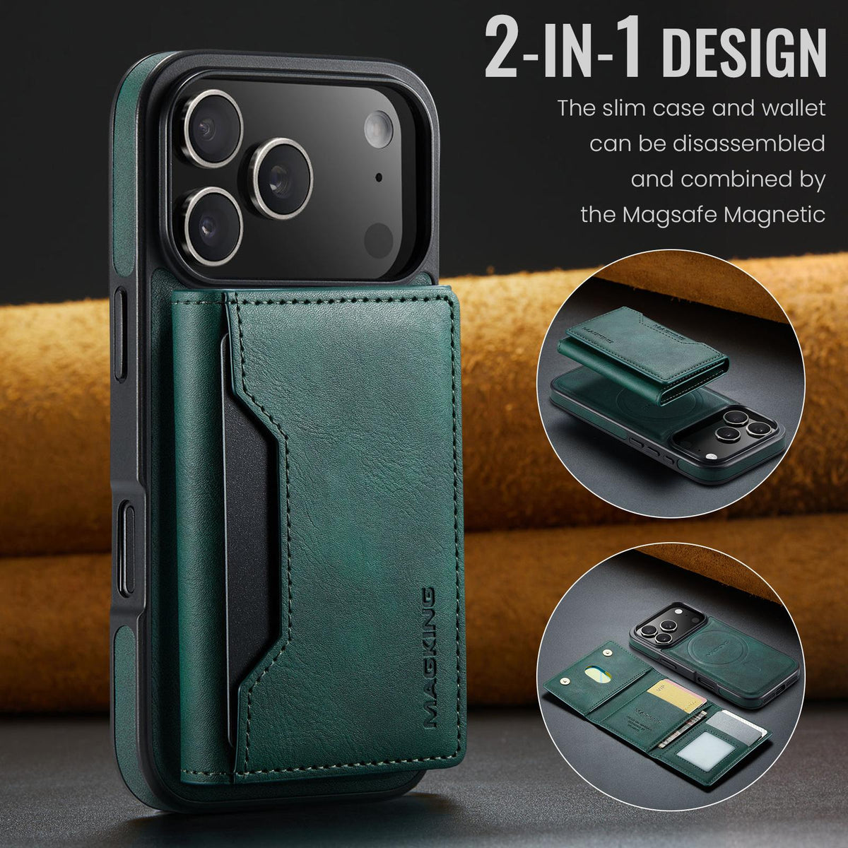 Compatible with iPhone 18 Pro & 17 Pro MAGKING K2 Series MagSafe RFID Card Bag Detachable Phone Case - Green