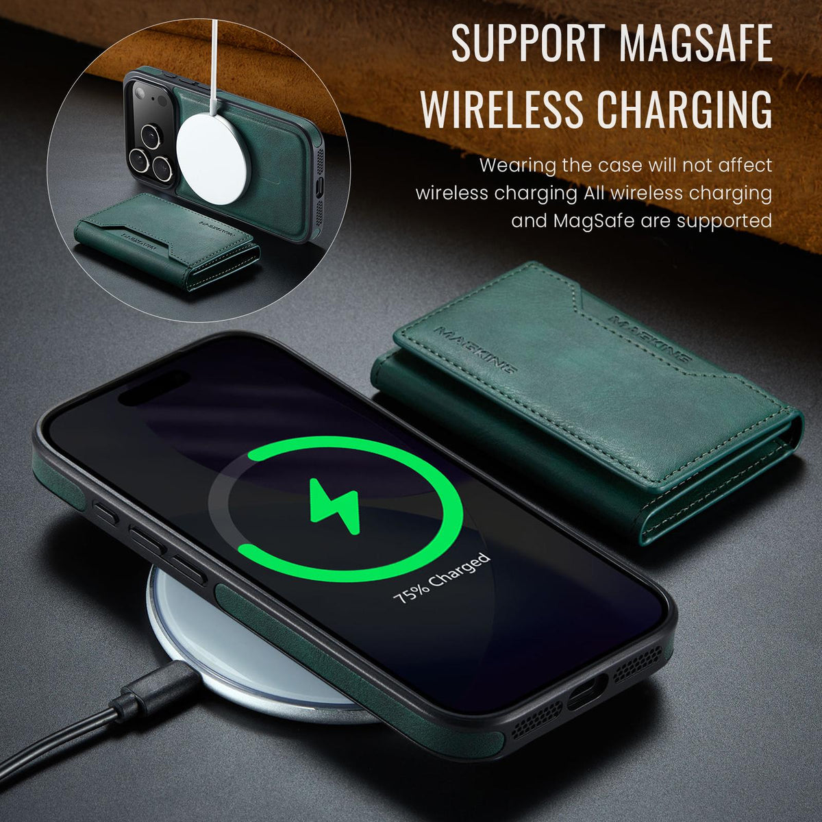 Compatible with iPhone 18 Pro & 17 Pro MAGKING K2 Series MagSafe RFID Card Bag Detachable Phone Case - Green