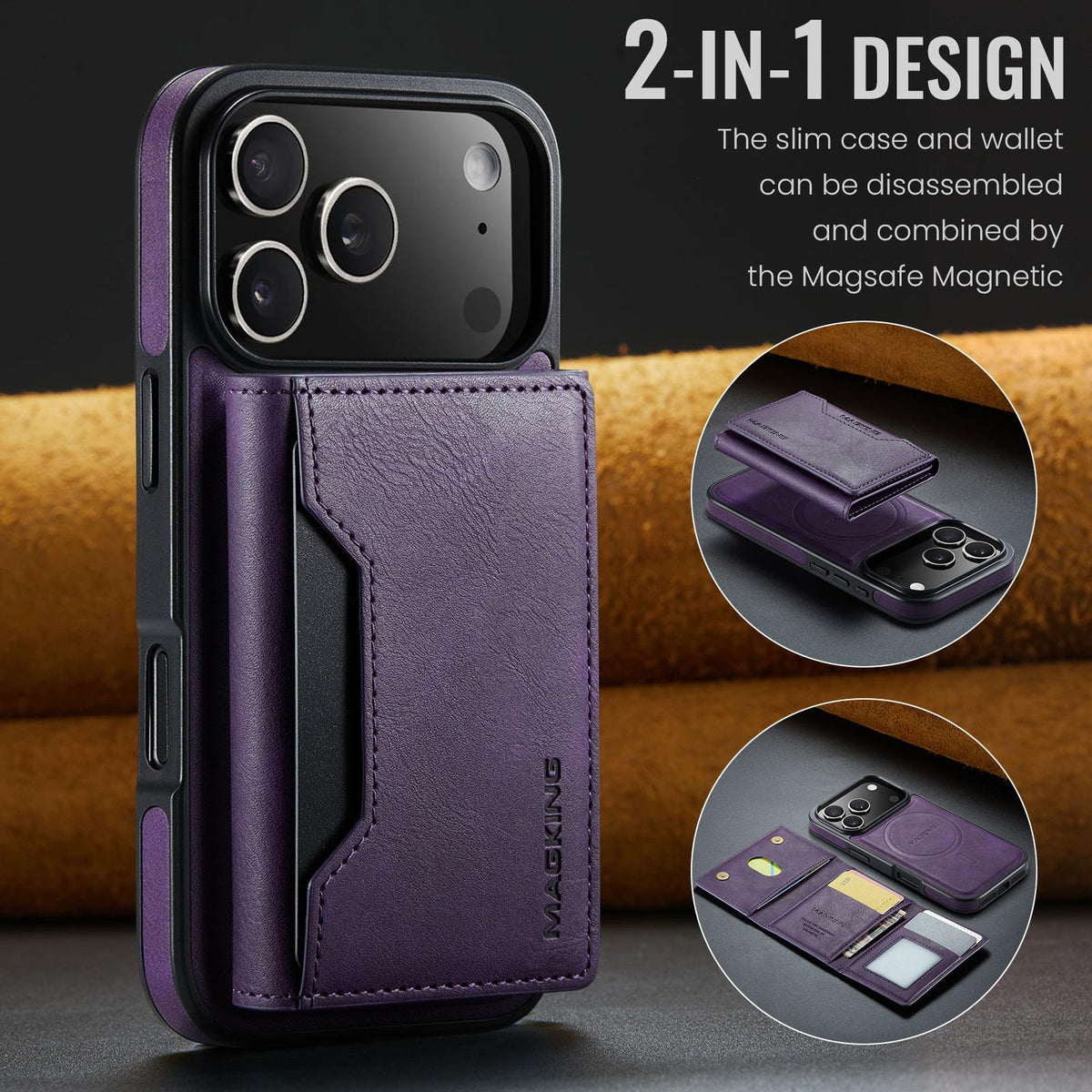 Compatible with iPhone 18 Pro & 17 Pro MAGKING K2 Series MagSafe RFID Card Bag Detachable Phone Case - Purple