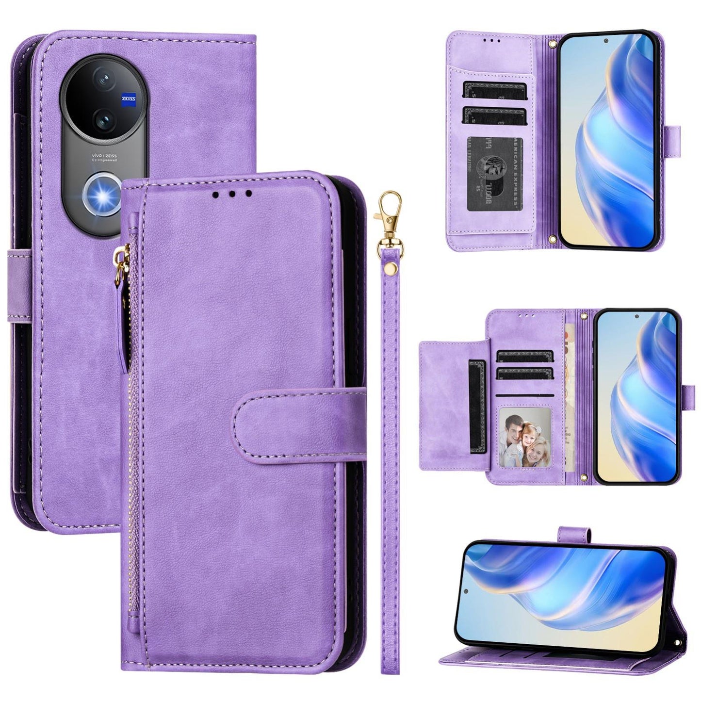 For vivo V50 Global Multi-Card Slots Zipper Wallet Leather Phone Case(Purple)