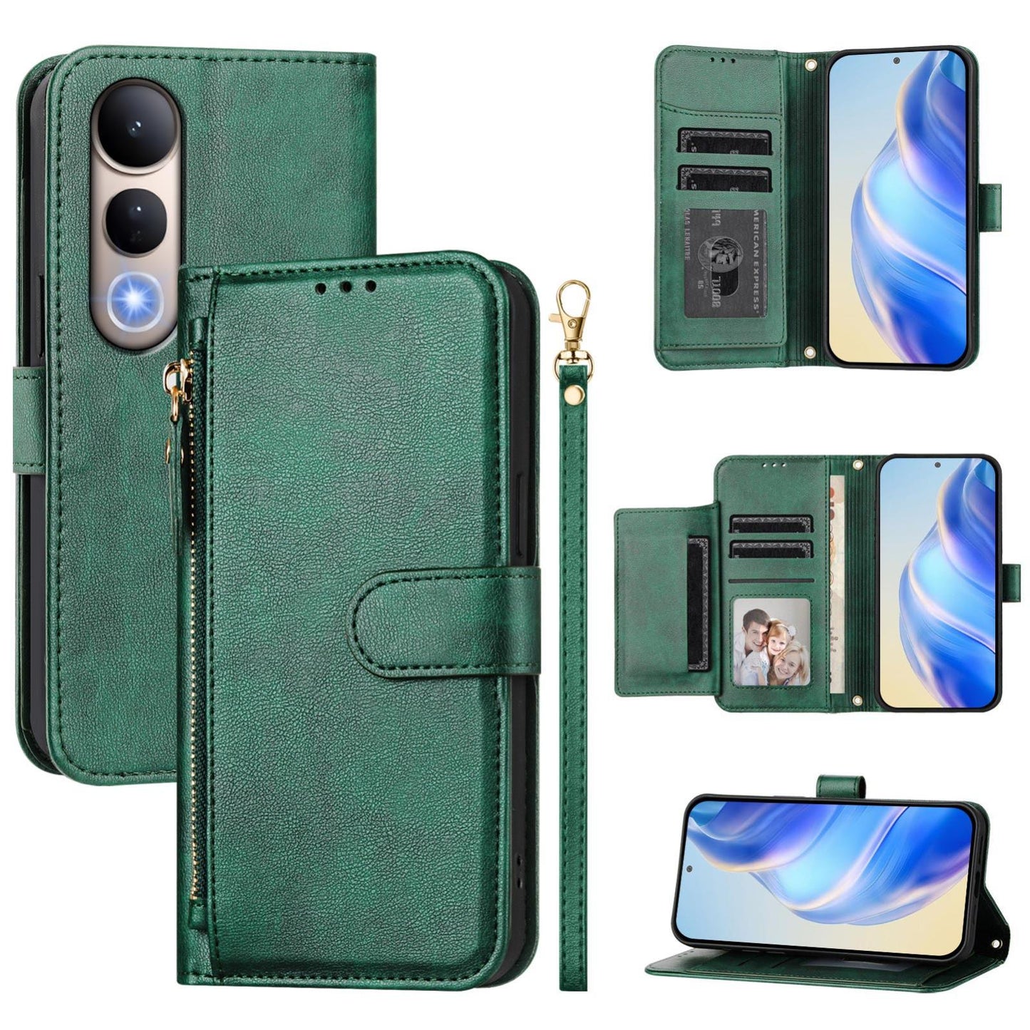 For vivo V50 Lite 5G Multi-Card Slots Zipper Wallet Leather Phone Case(Green)