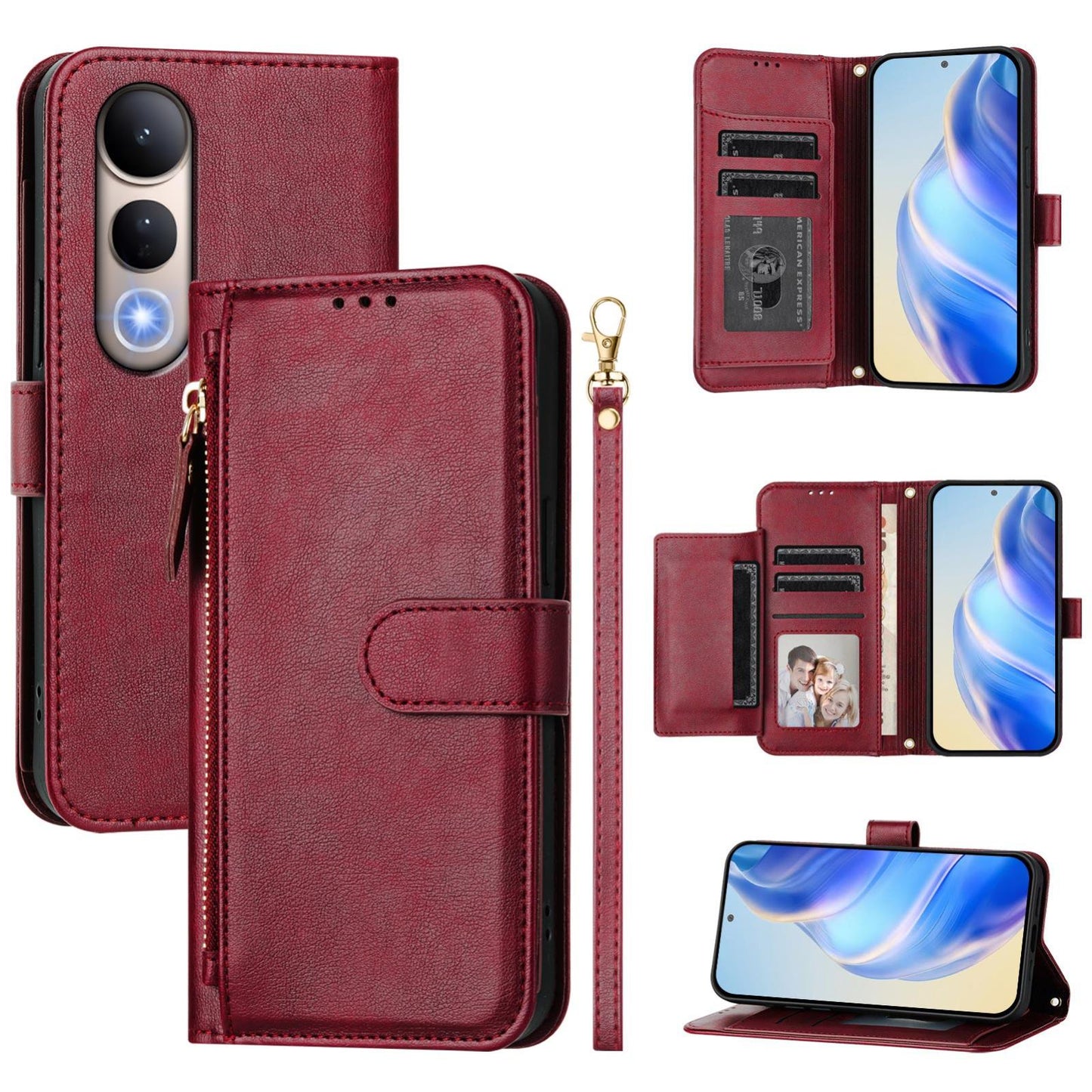 For vivo V50 Lite 5G Multi-Card Slots Zipper Wallet Leather Phone Case(Dark Red)