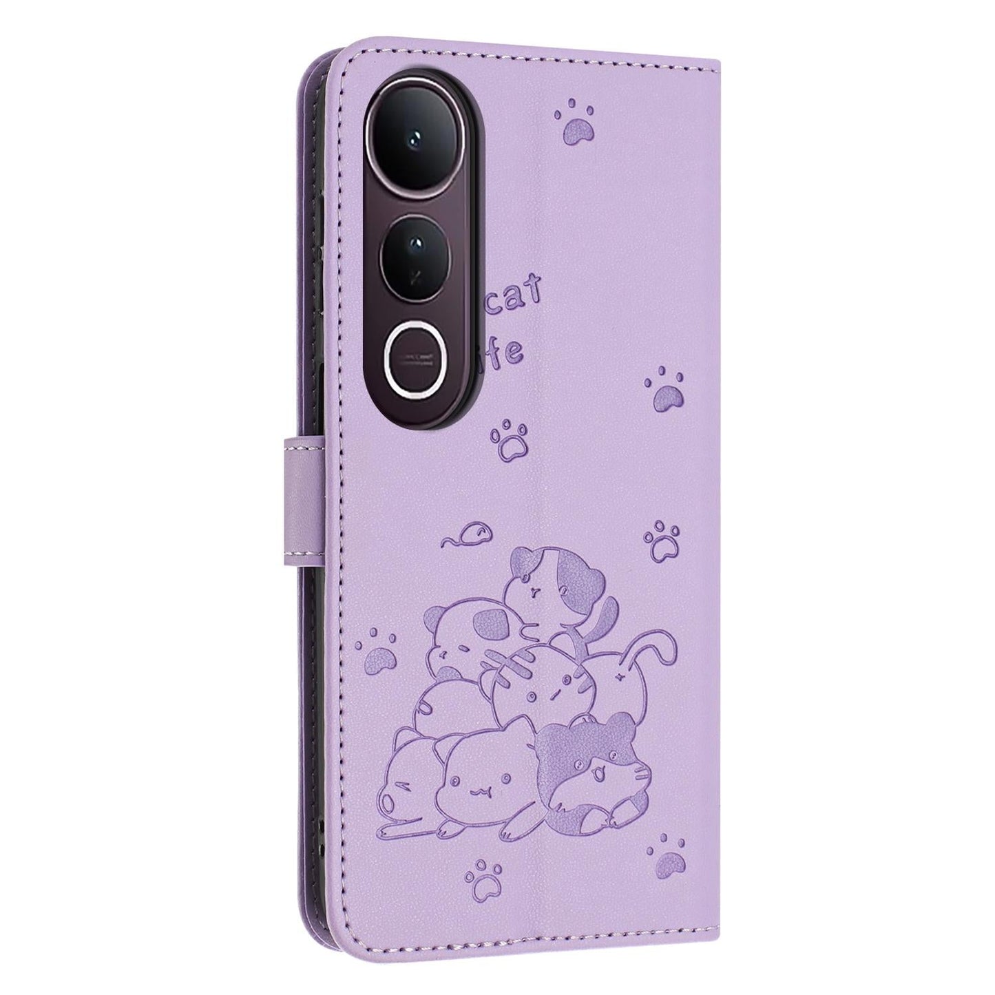 For vivo V50 Lite Embossed Kitten Phone Leather Case with Lanyard(Purple)