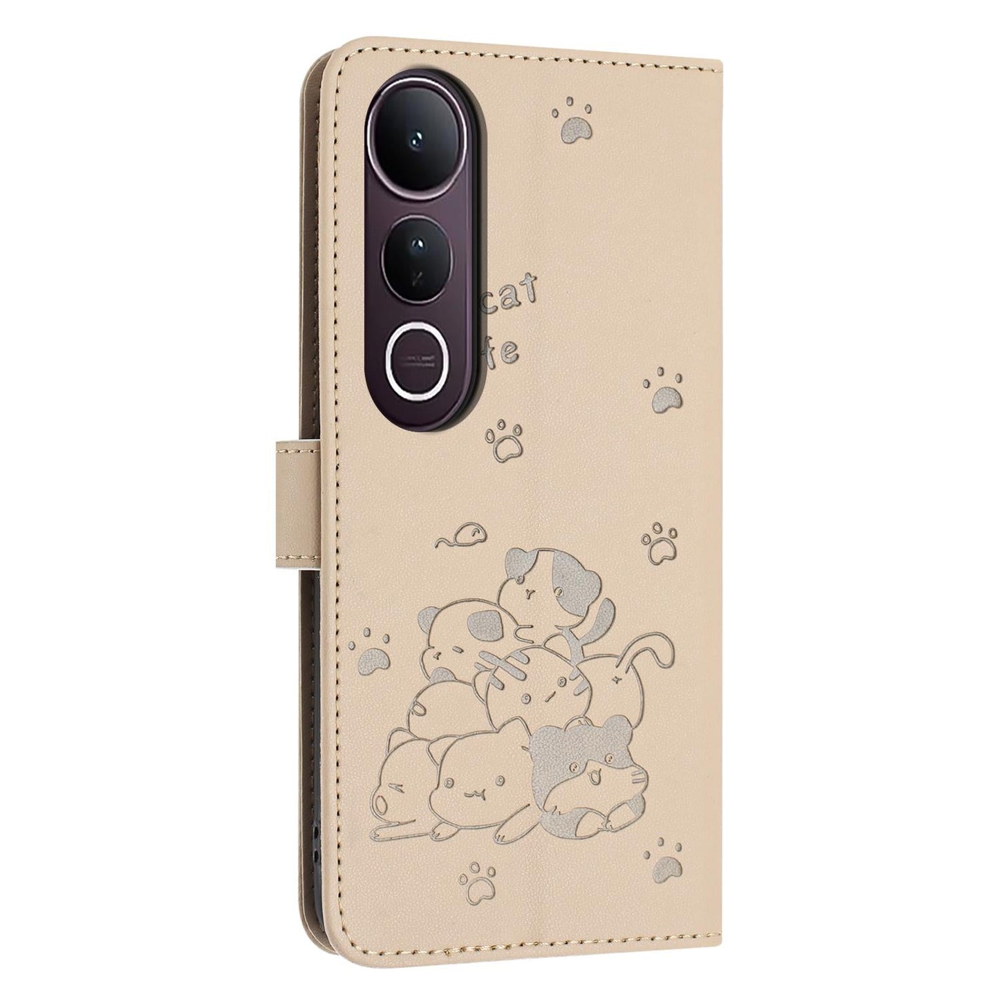 For vivo V50 Lite Embossed Kitten Phone Leather Case with Lanyard(Beige)