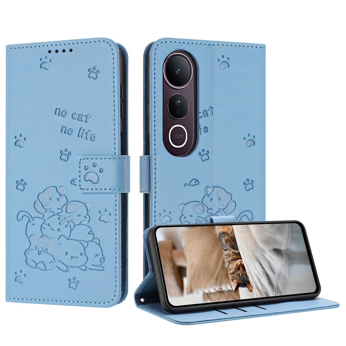 For vivo V50 Lite Embossed Kitten Phone Leather Case with Lanyard(Blue)