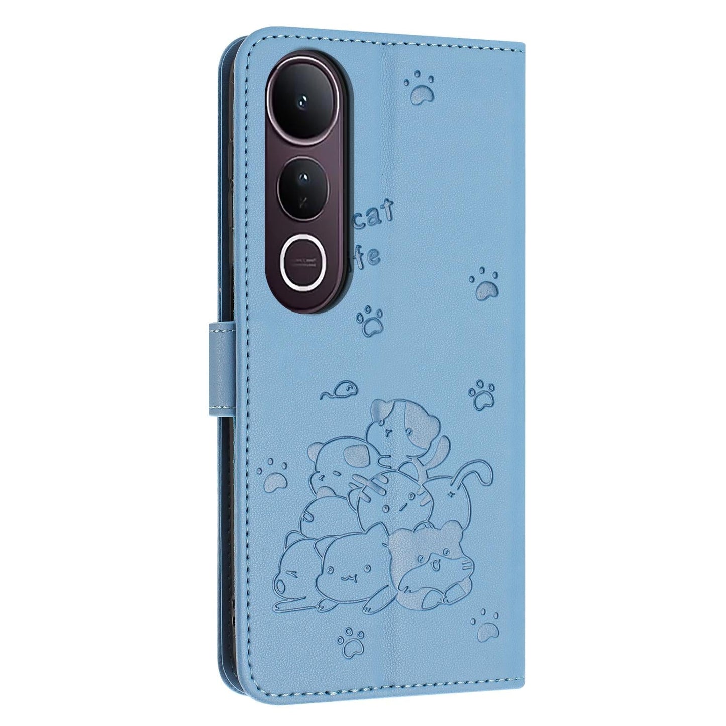 For vivo V50 Lite Embossed Kitten Phone Leather Case with Lanyard(Blue)