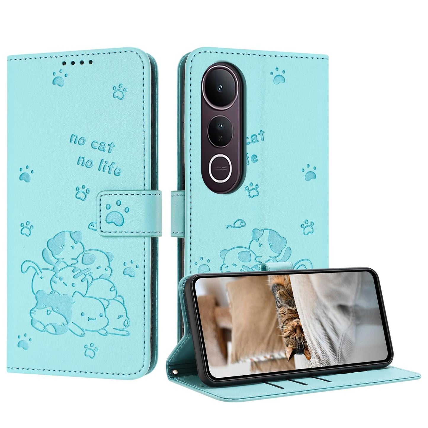 For vivo V50 Lite Embossed Kitten Phone Leather Case with Lanyard(Mint Green)