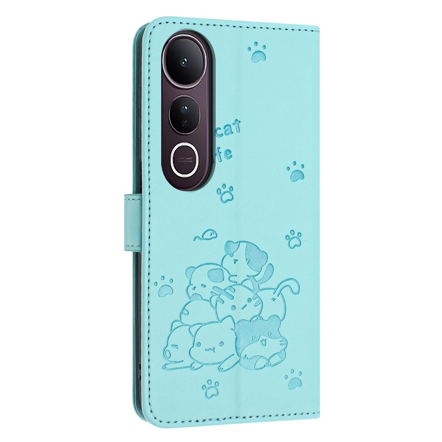 For vivo V50 Lite Embossed Kitten Phone Leather Case with Lanyard(Mint Green)