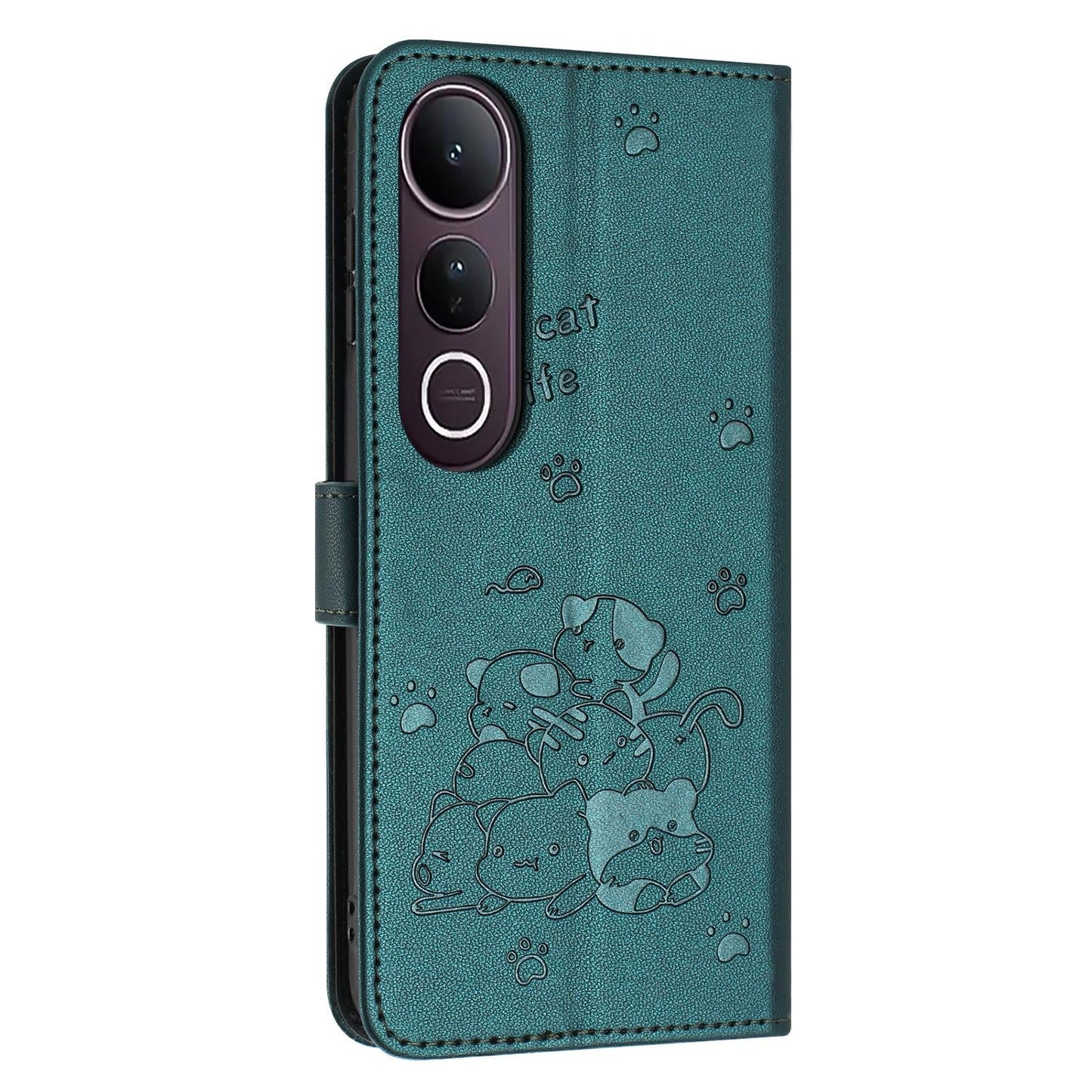 For vivo V50 Lite Embossed Kitten Phone Leather Case with Lanyard(Dark Green)