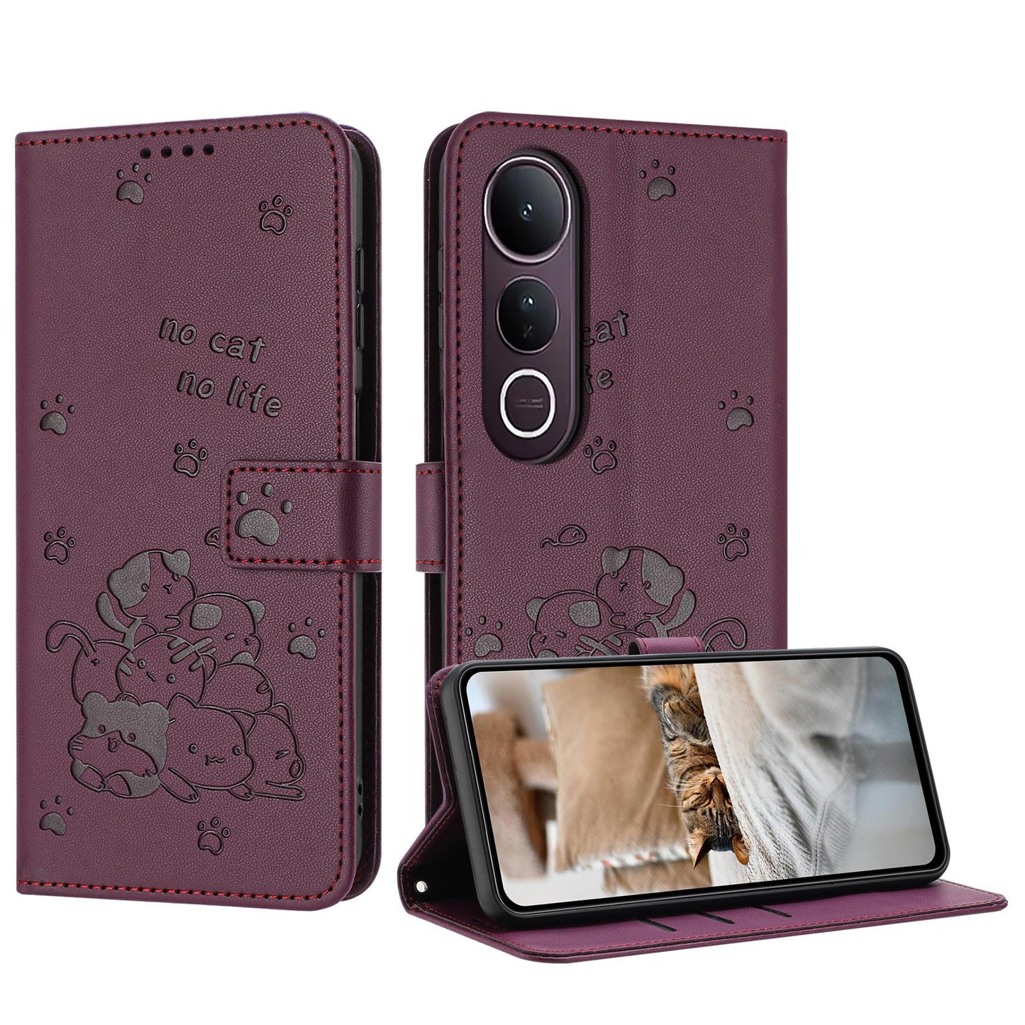 For vivo V50 Lite Embossed Kitten Phone Leather Case with Lanyard(Wine Red)
