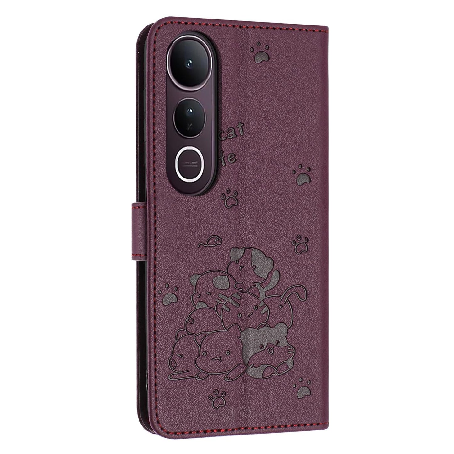 For vivo V50 Lite Embossed Kitten Phone Leather Case with Lanyard(Wine Red)