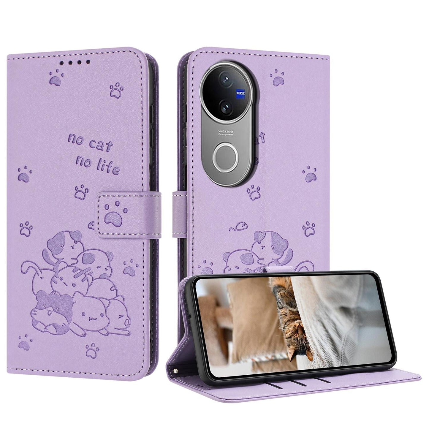 For vivo V50 5G Global Embossed Kitten Phone Leather Case with Lanyard(Purple)