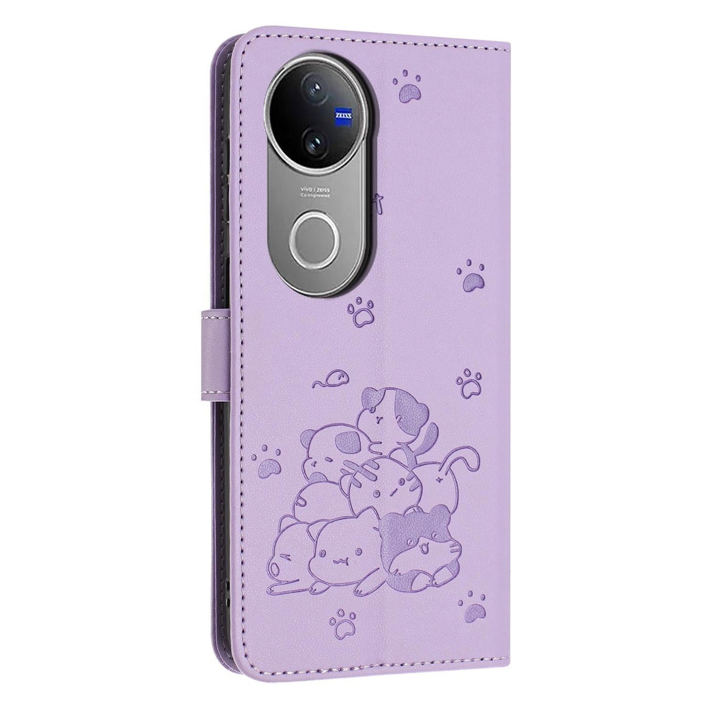 For vivo V50 5G Global Embossed Kitten Phone Leather Case with Lanyard(Purple)