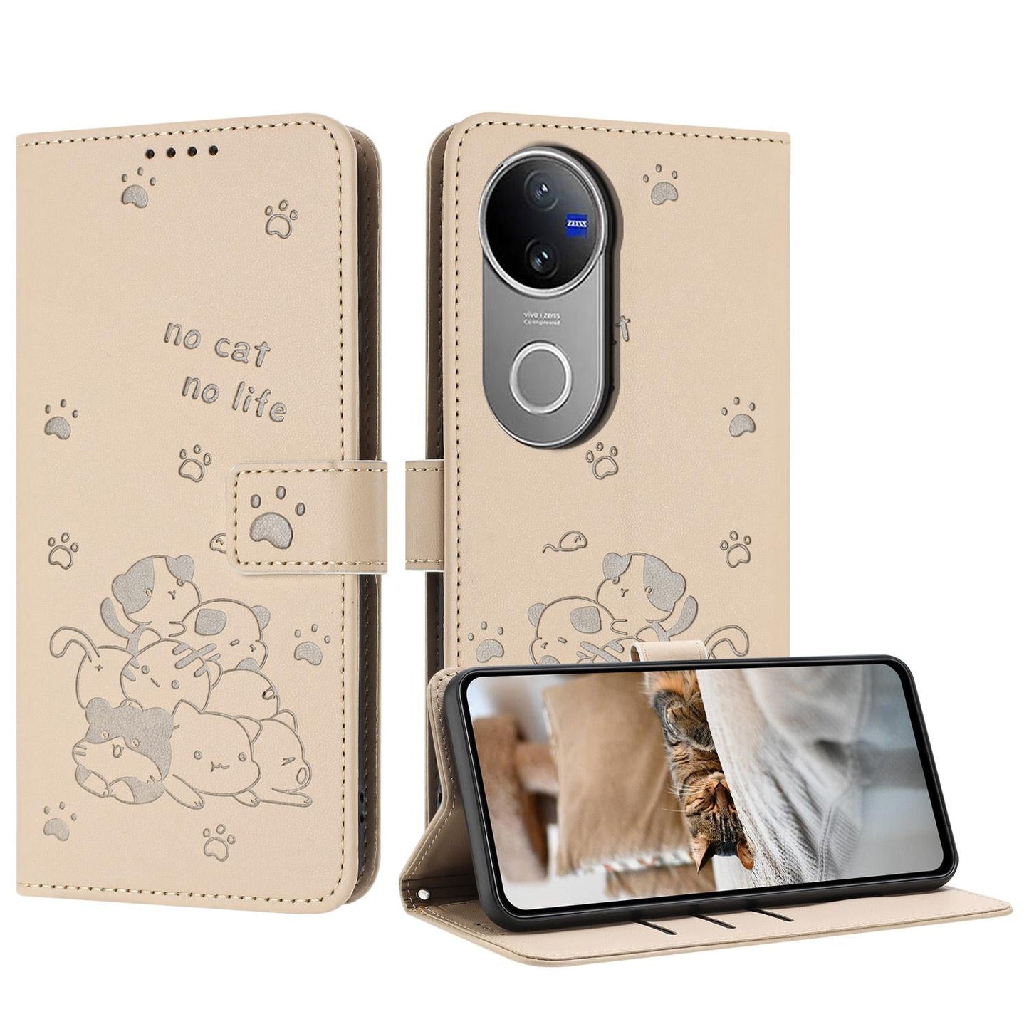 For vivo V50 5G Global Embossed Kitten Phone Leather Case with Lanyard(Beige)